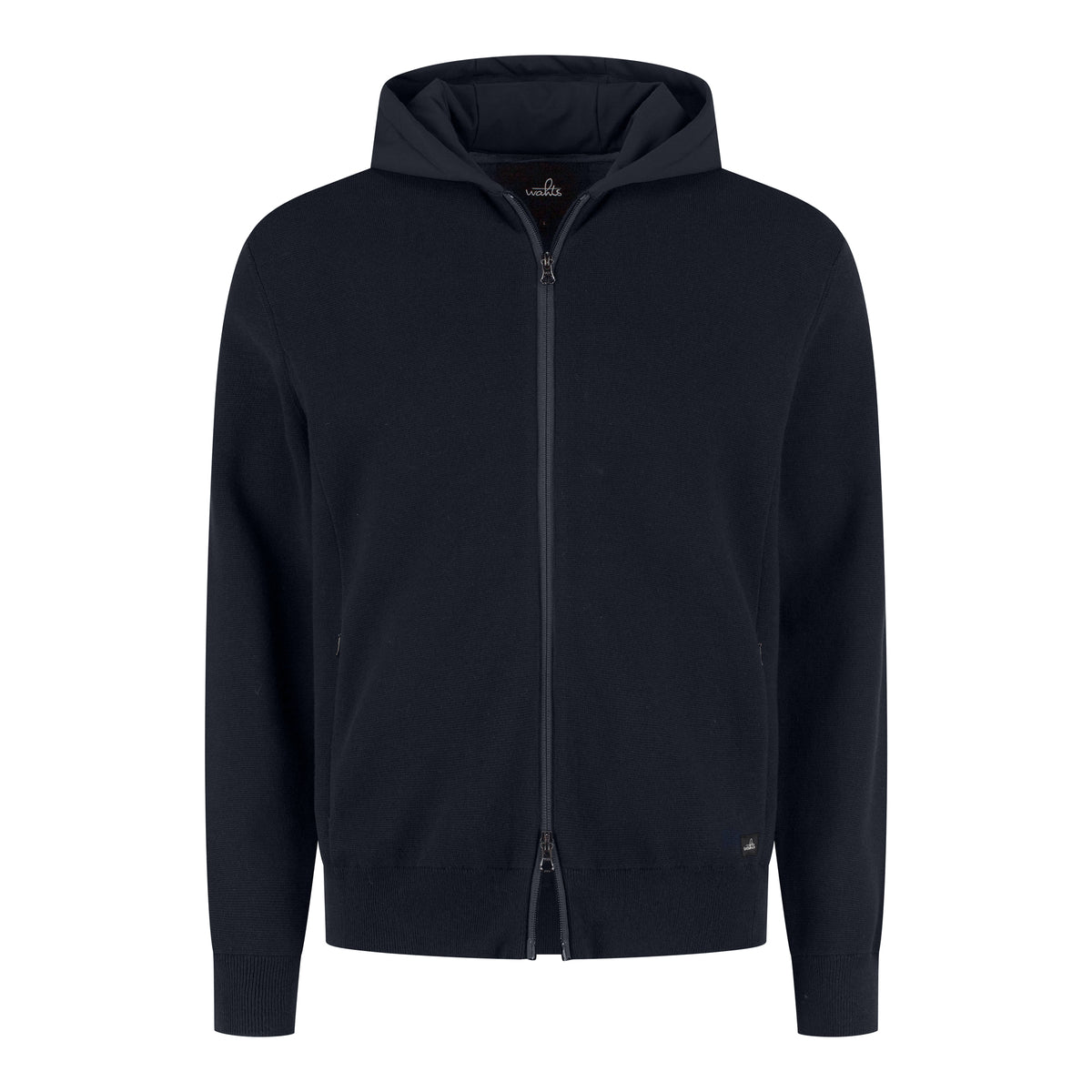 Night blue full-zip hoodie with adjustable hood and front zipper