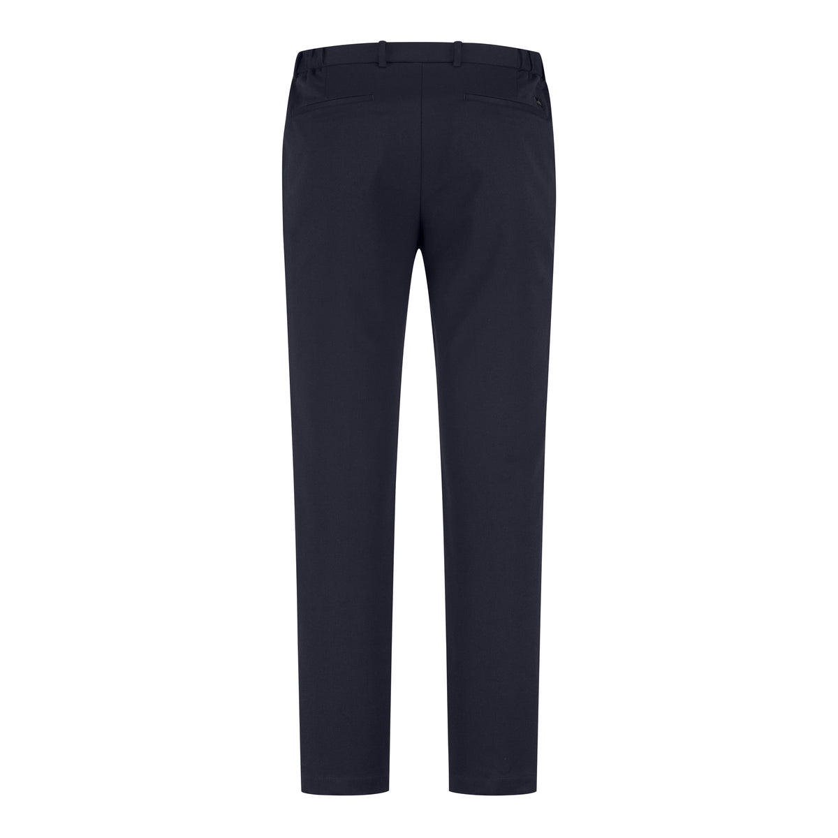 Men's deep navy soft wool travel trousers, rear view with belt loops