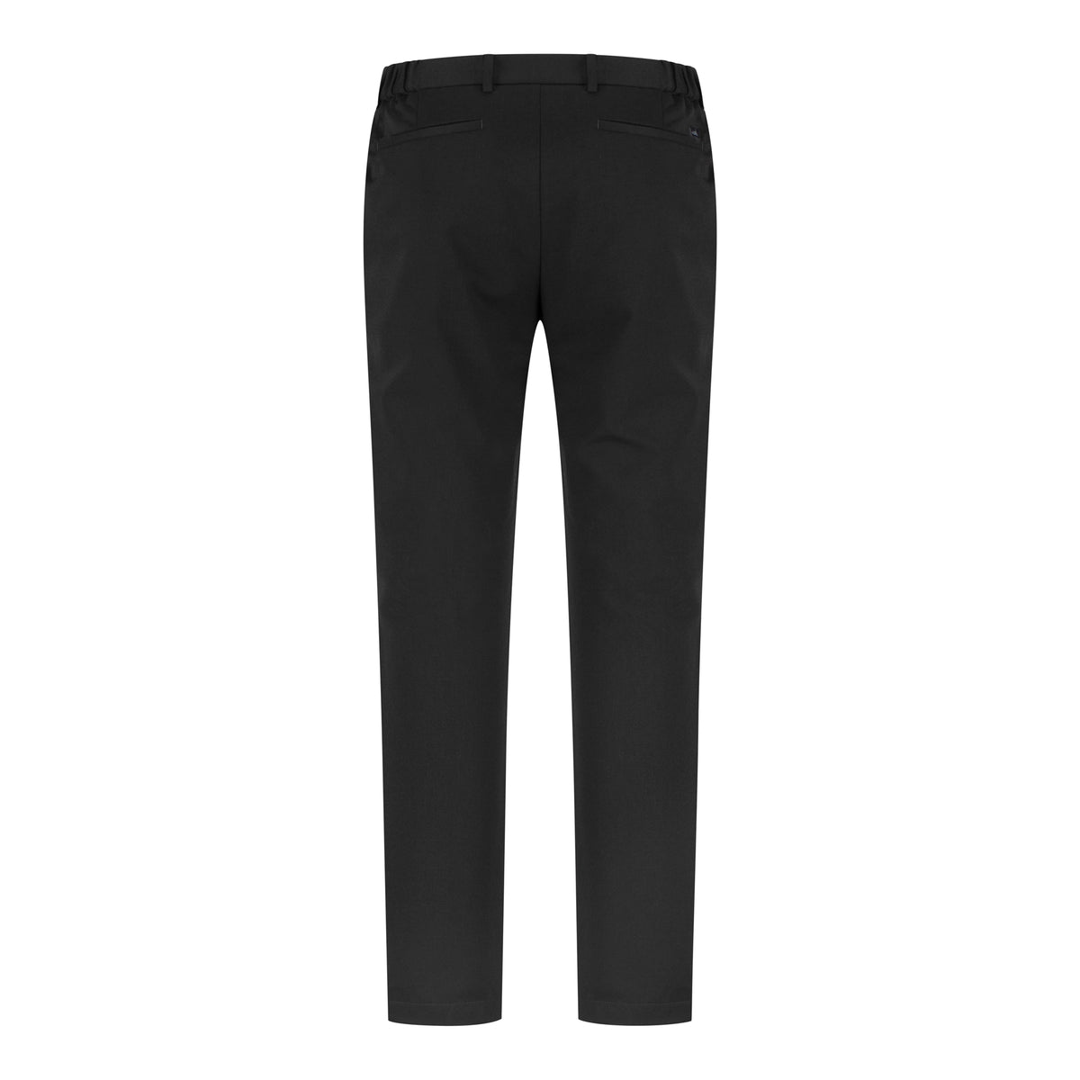 Soft wool travel trousers in deep brown, full rear view with belt loops