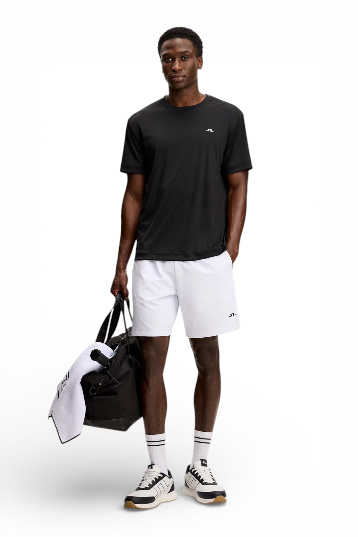 Men's black crewneck T-shirt with small chest logo