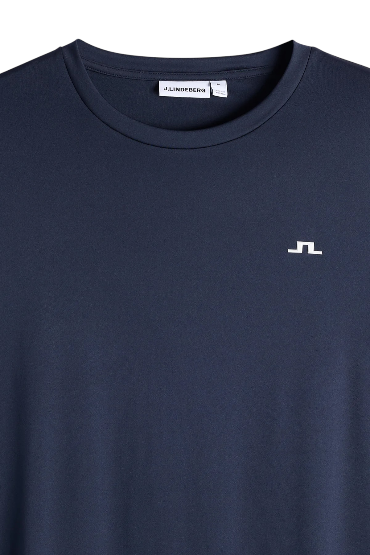 Men's navy crew-neck T-shirt with J.Lindeberg neck label and chest logo