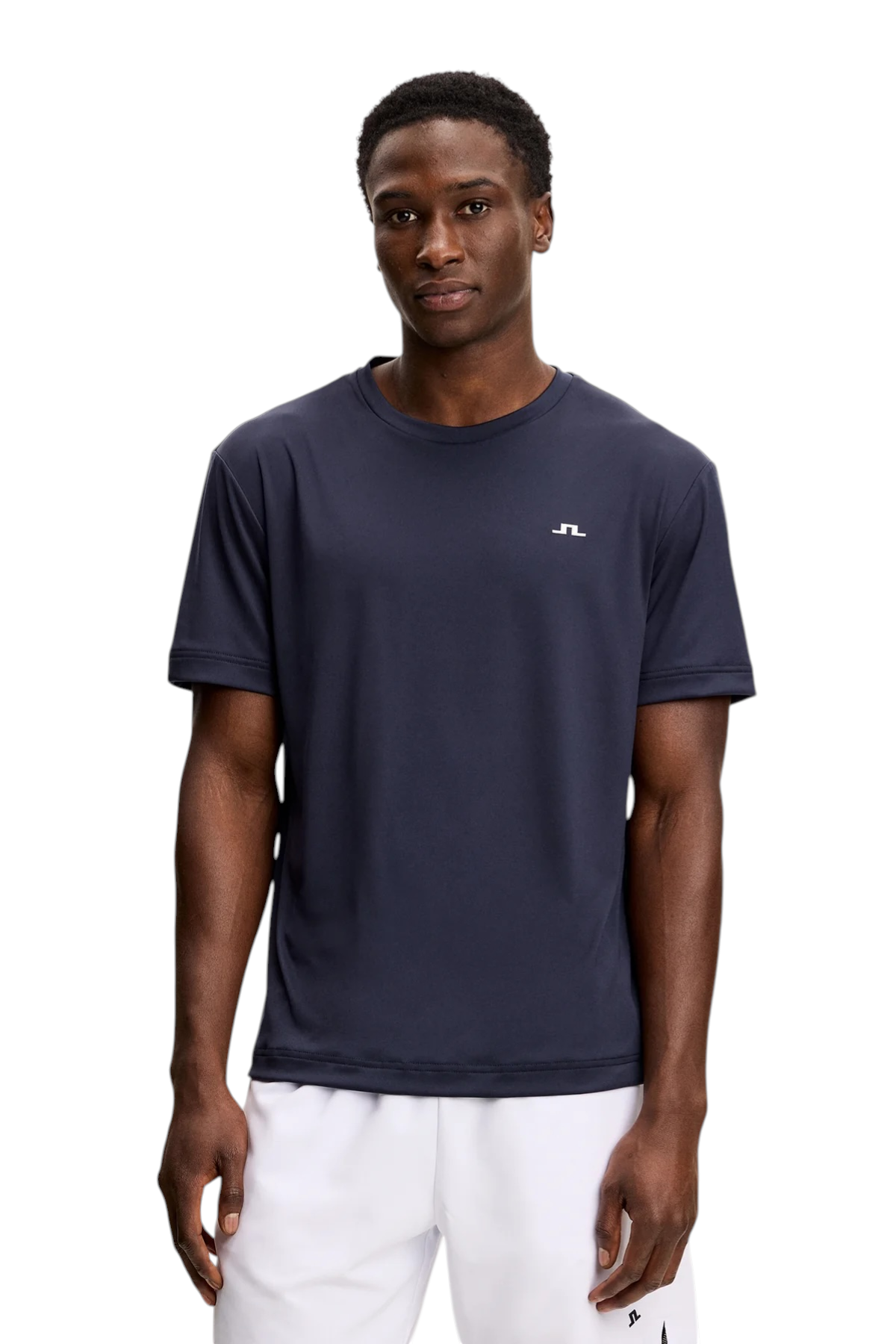 Men's navy crew-neck T-shirt on model with short sleeves