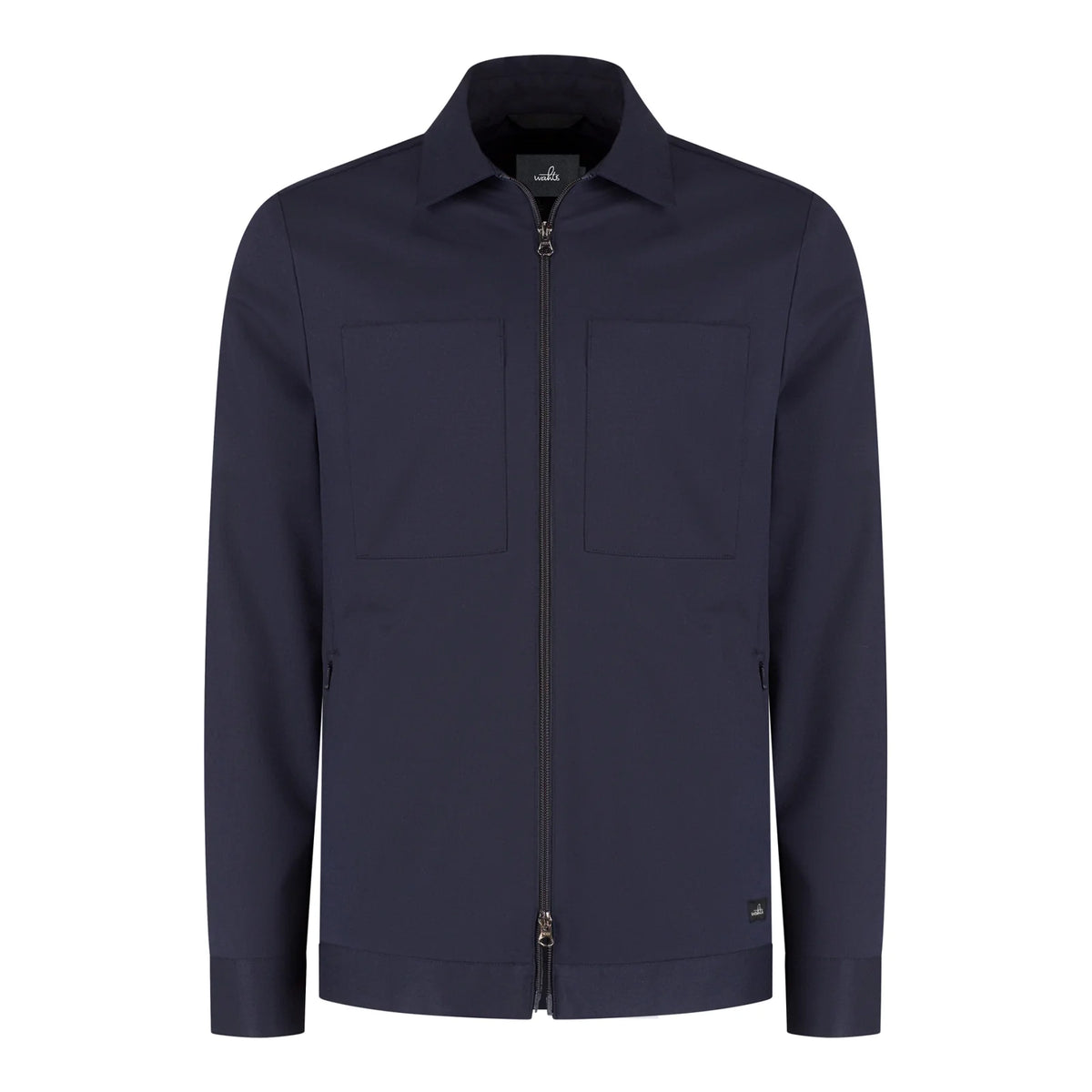 Deep navy soft wool shirt jacket with full zip, stand collar, and two chest pockets
