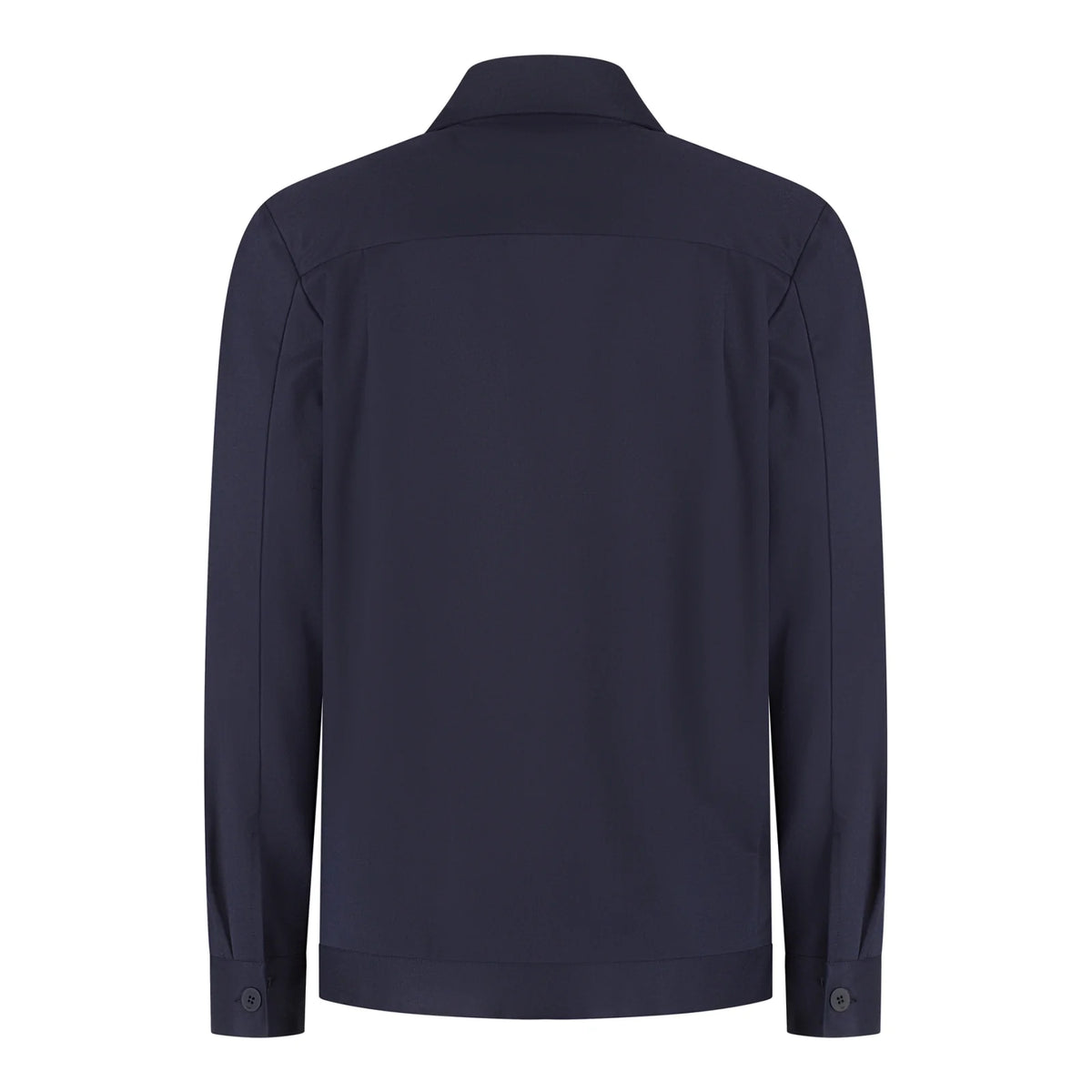 Deep navy soft wool shirt jacket back view with zip and buttoned cuffs