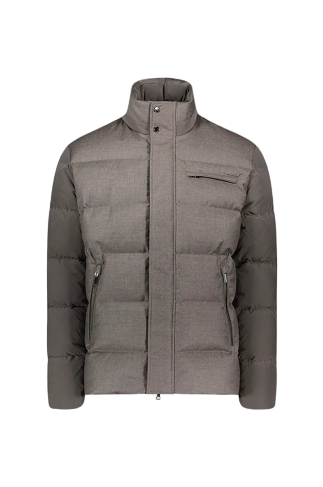 Gray puffer jacket on a gray background