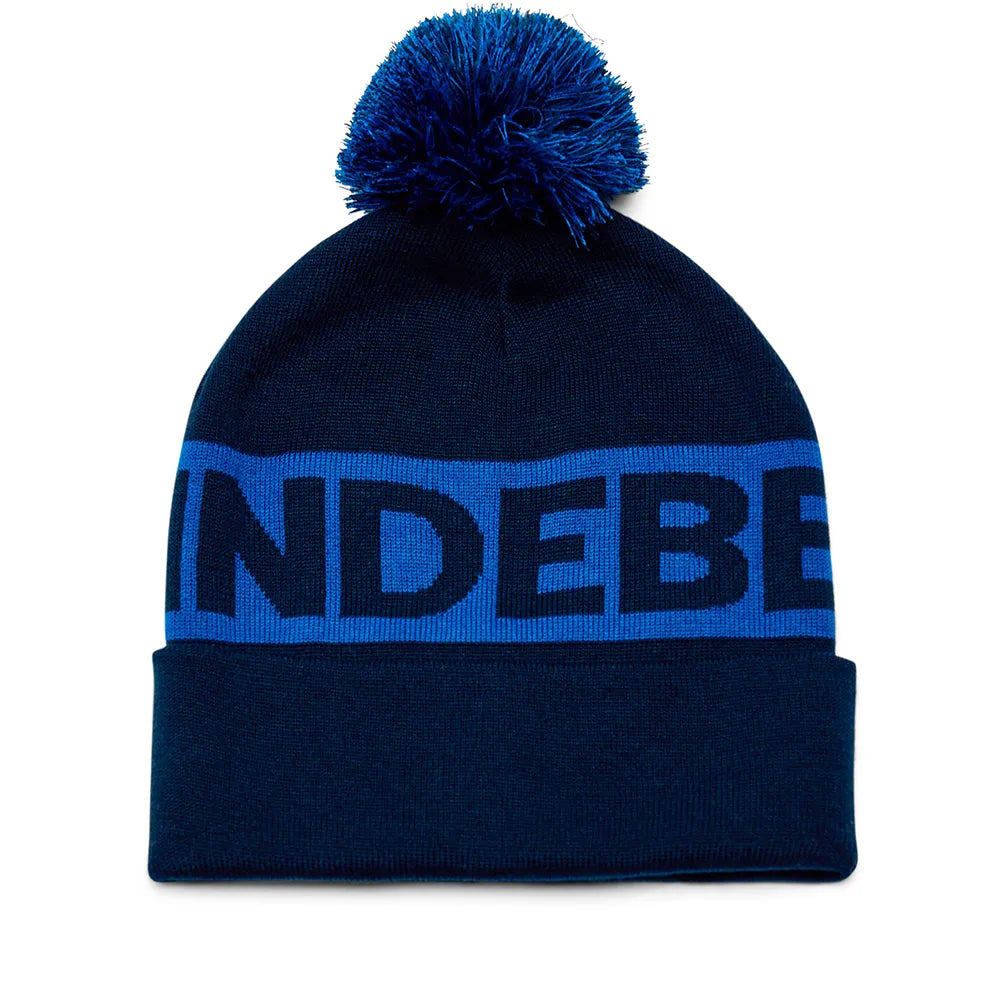 J.Lindeberg Tilo beanie in navy knit with blue pom-pom and bold blue logo lettering