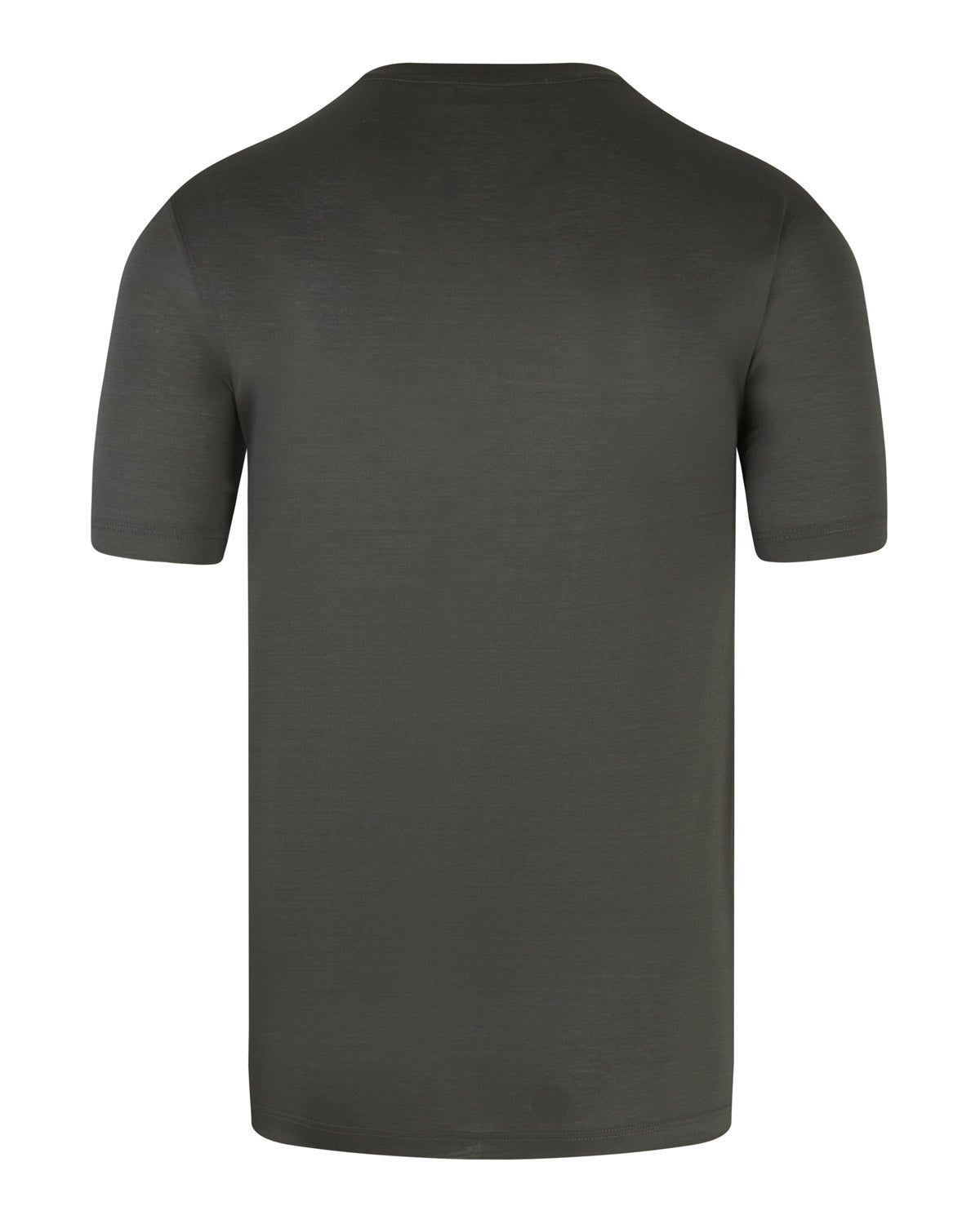 Dark green mercerised short sleeve T-shirt, back view, crew neck