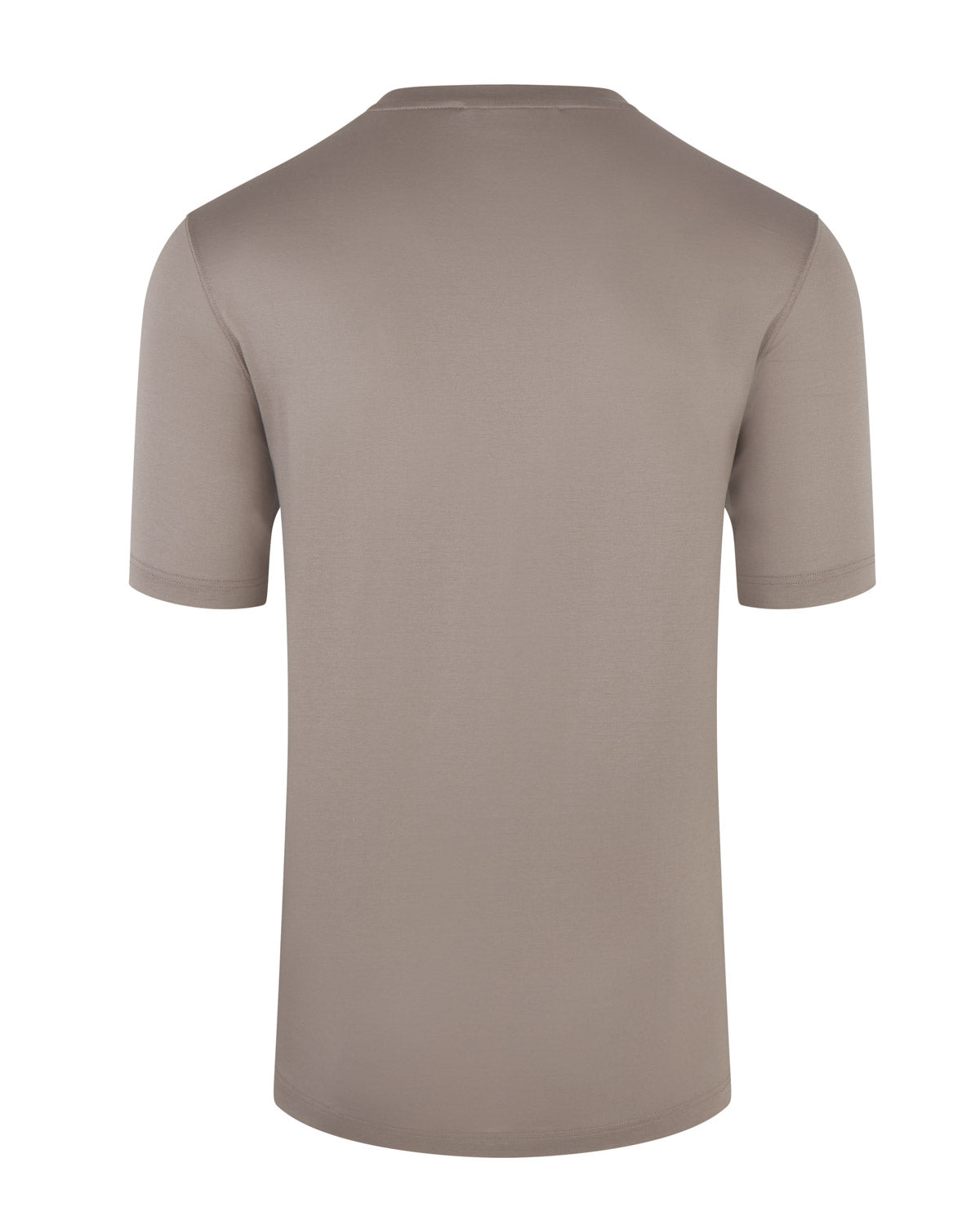 Taupe brown mercerised short sleeve T-shirt, back view with crew neck