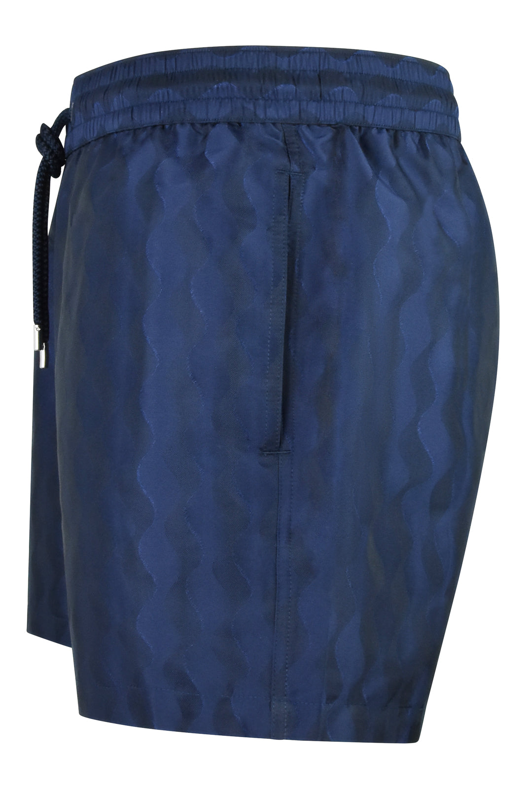 Navy swim shorts with elastic waistband, drawstring, and zip pocket panel