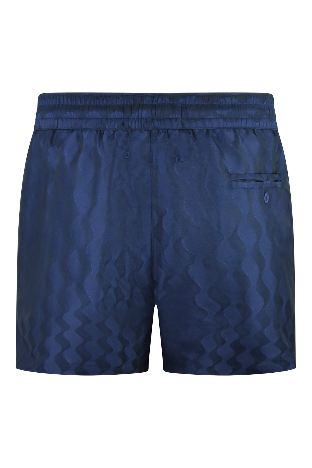 Navy swim shorts with side pockets, drawstring, and textured jacquard pattern