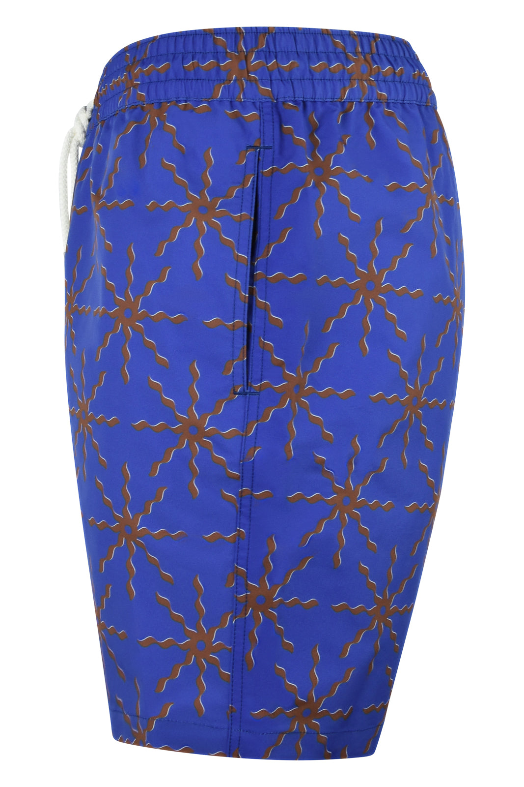Cobalt blue swim shorts with terrazo floral print, elastic waistband and side seams