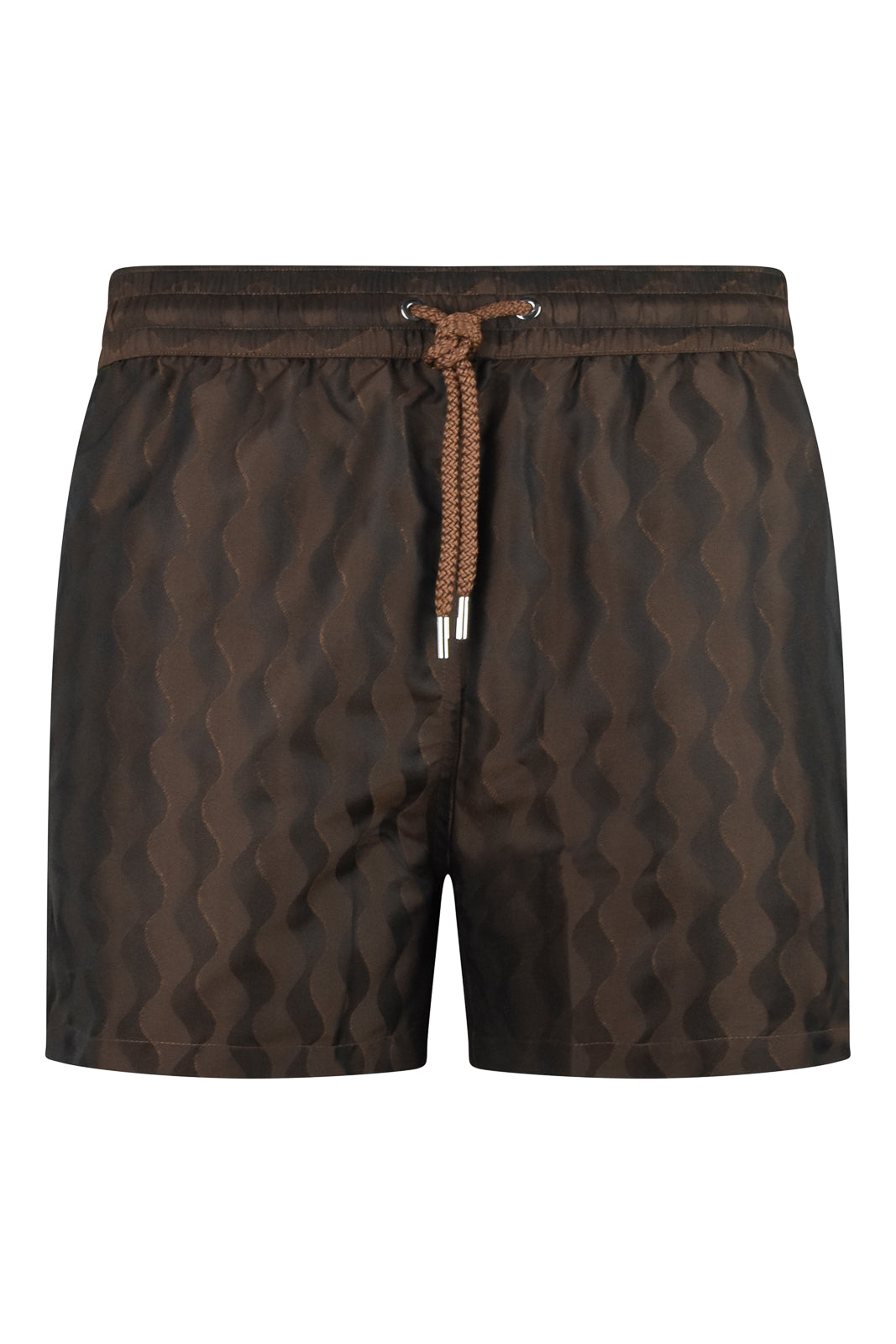 Brown swim shorts with elastic waistband, drawstring and dark jacquard pattern