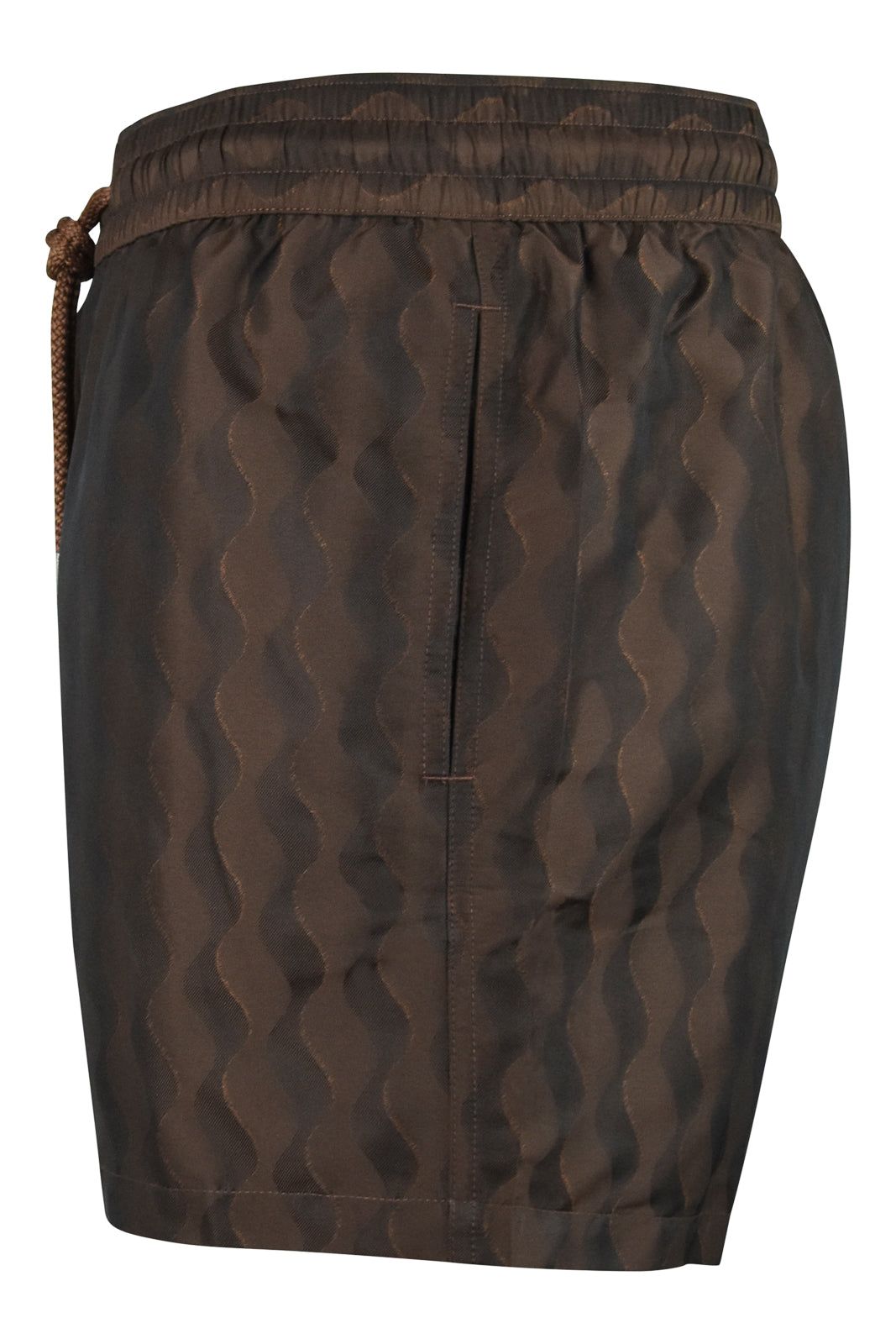 Brown swim shorts back view with elastic waistband and vertical seam detail