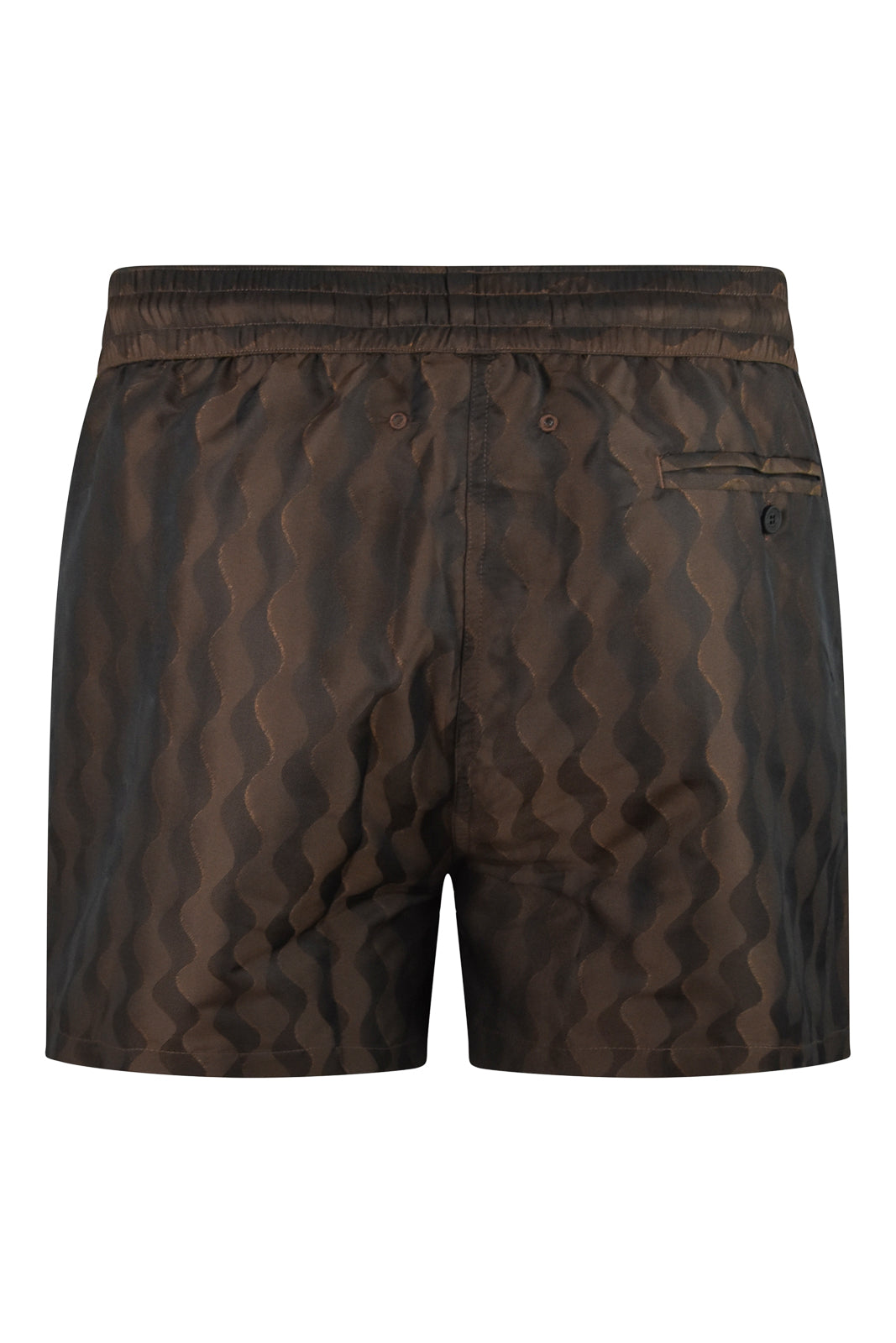 Brown swim shorts front view with button detail and dark jacquard pattern