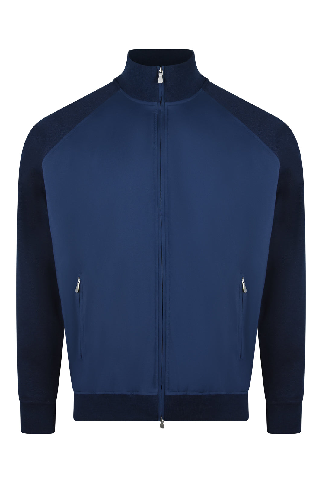 Navy raglan hybrid bomber jacket, full-zip front and mock neck with ribbed cuffs