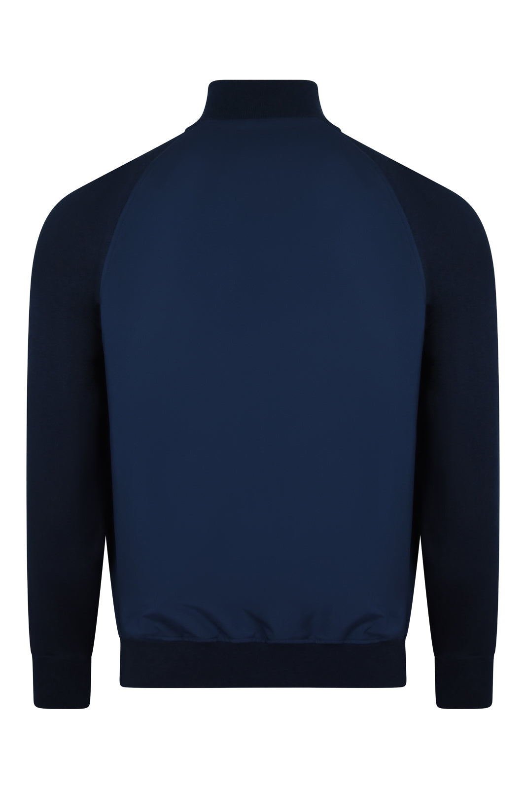 Navy bomber jacket back view with stand collar and full-zip closure, raglan seams