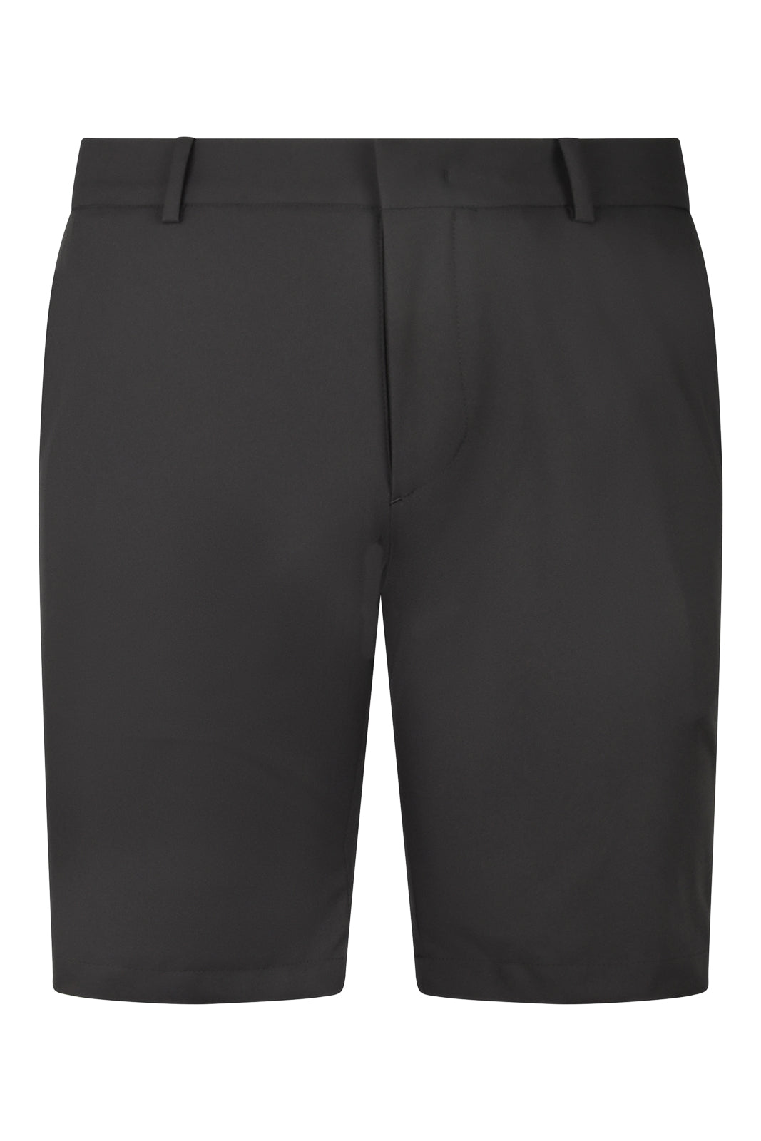Dark brown tech stretch travel shorts with front pockets and belt loops
