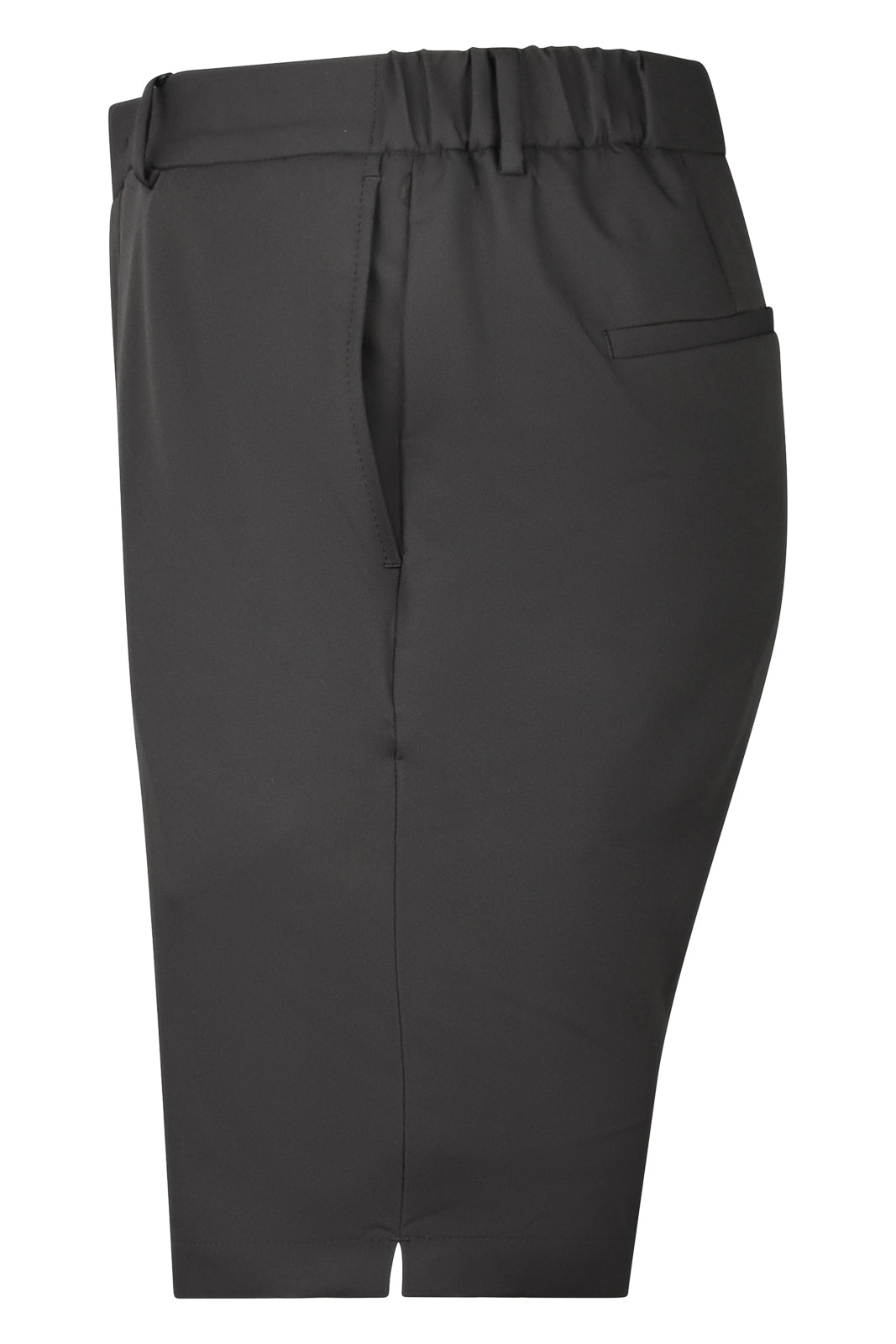 Dark brown tech stretch travel shorts with elastic waist and side pocket