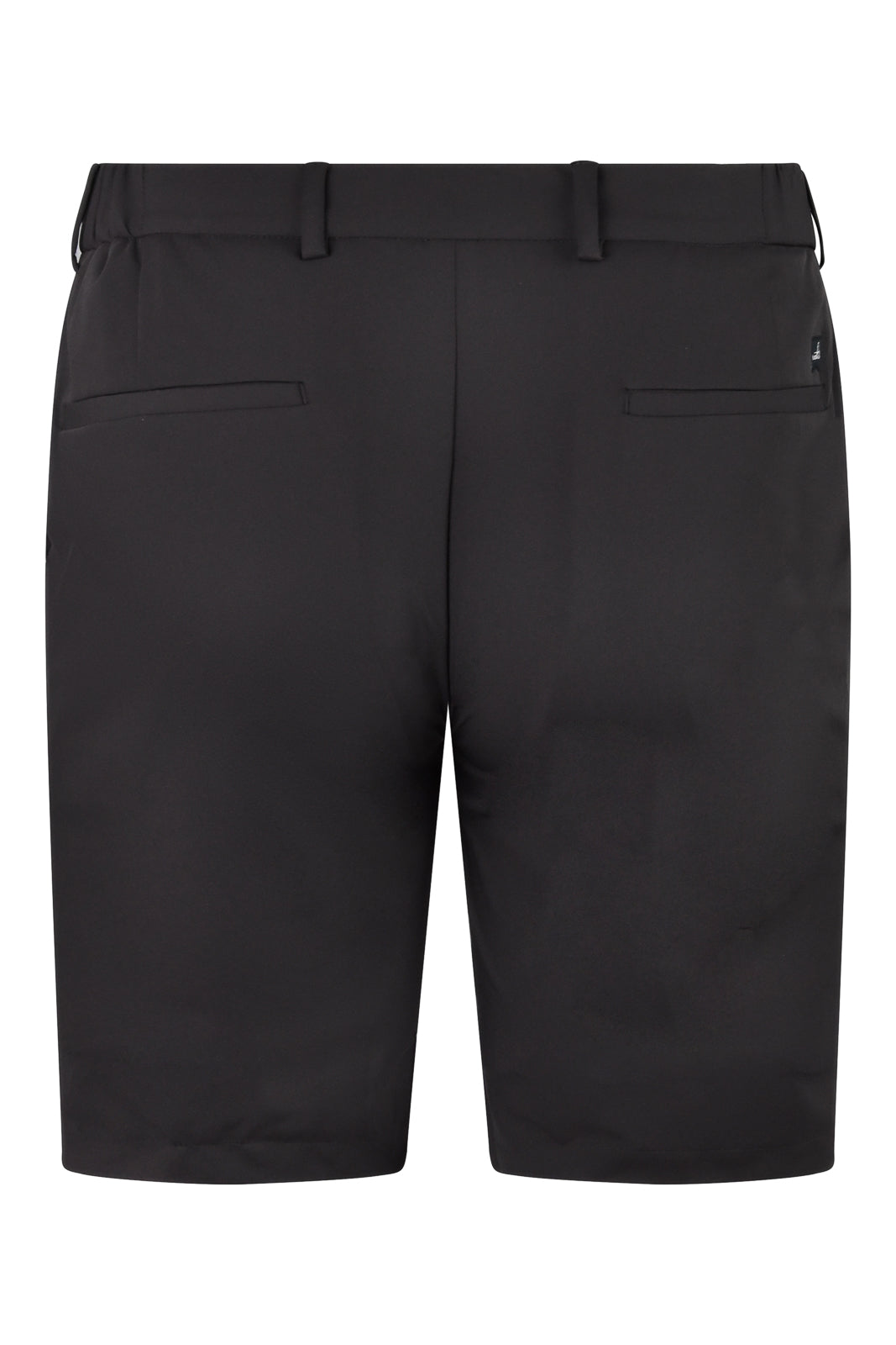 Dark brown tech stretch travel shorts, back view with two rear pockets