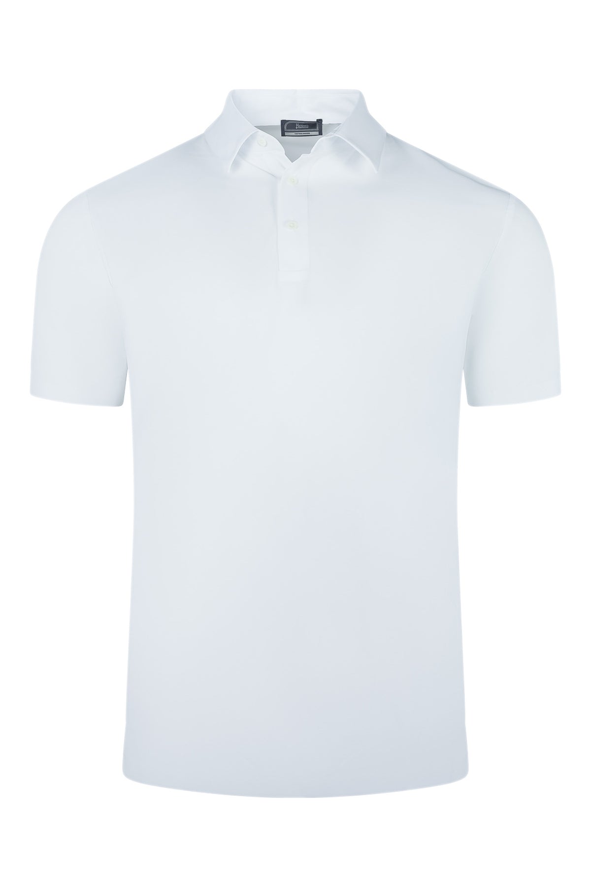 White short-sleeve polo shirt with spread collar and button-front placket