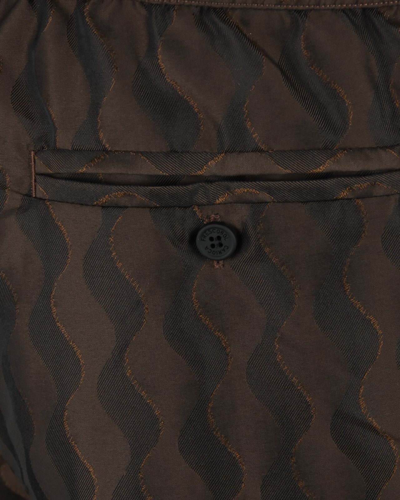 Swim shorts waist close-up with elastic band and small button under flap