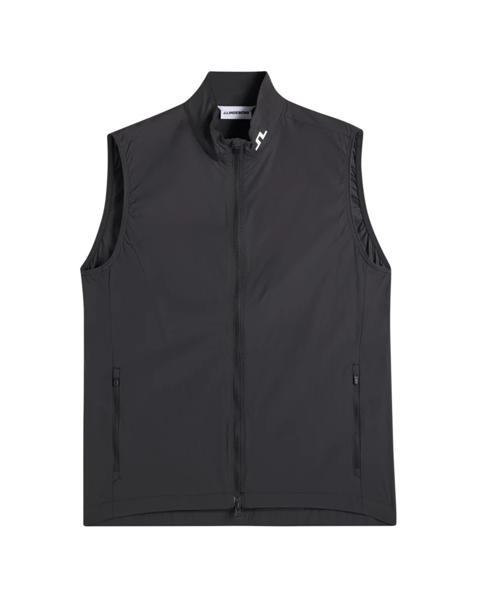 Black packable zip vest, sleeveless with stand collar and side zip pockets.