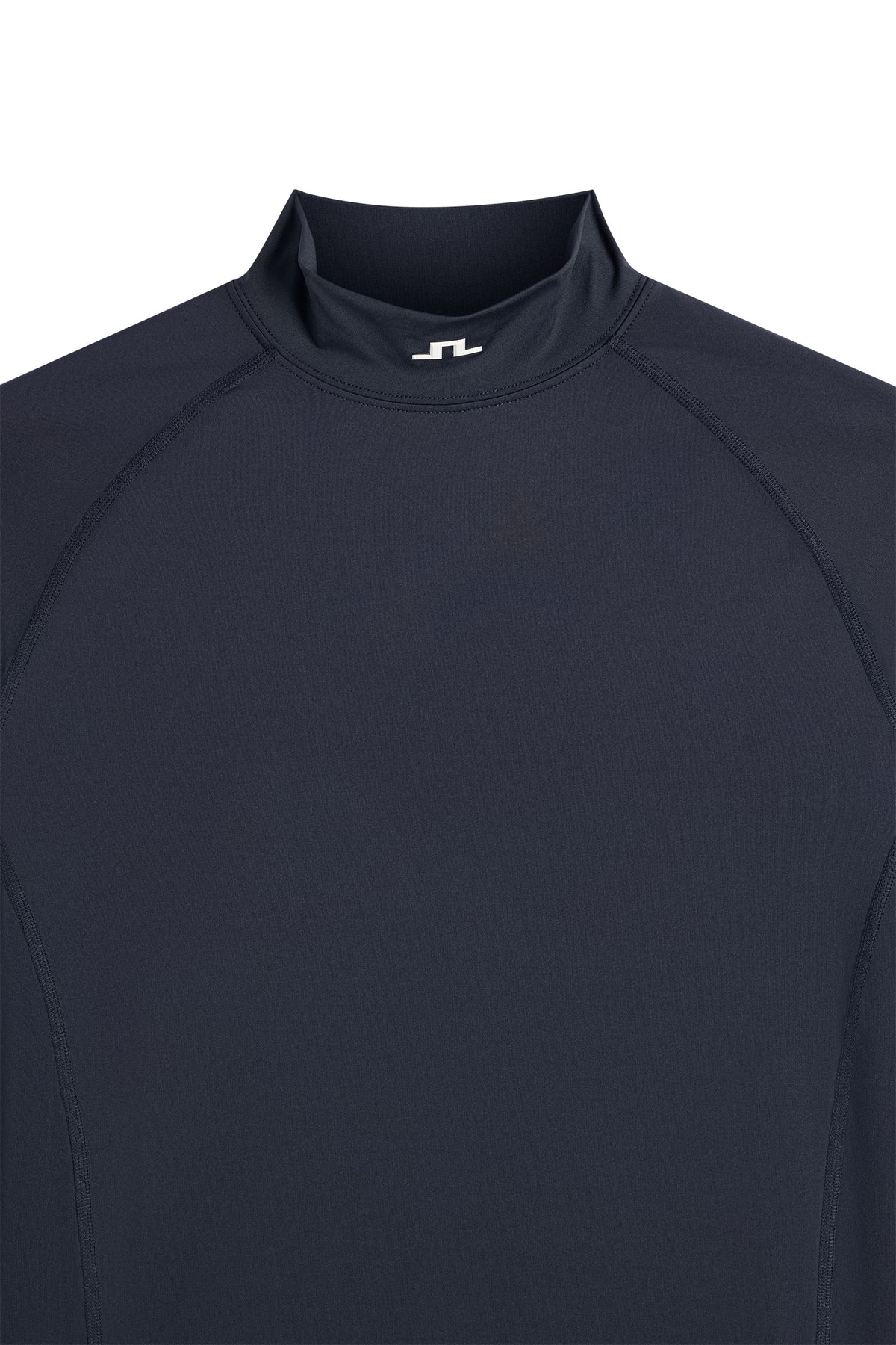 Navy mock-neck compression top neckline with small logo tab