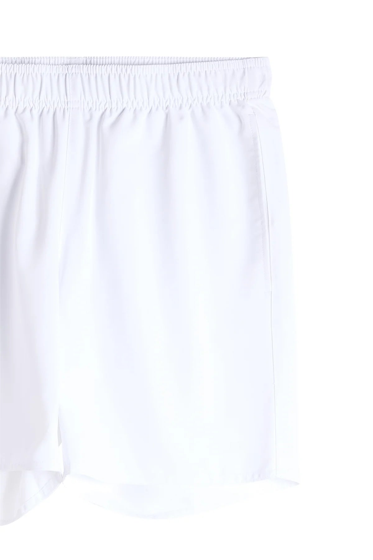 White shorts close-up: elastic waistband with gathered fabric and straight hem.