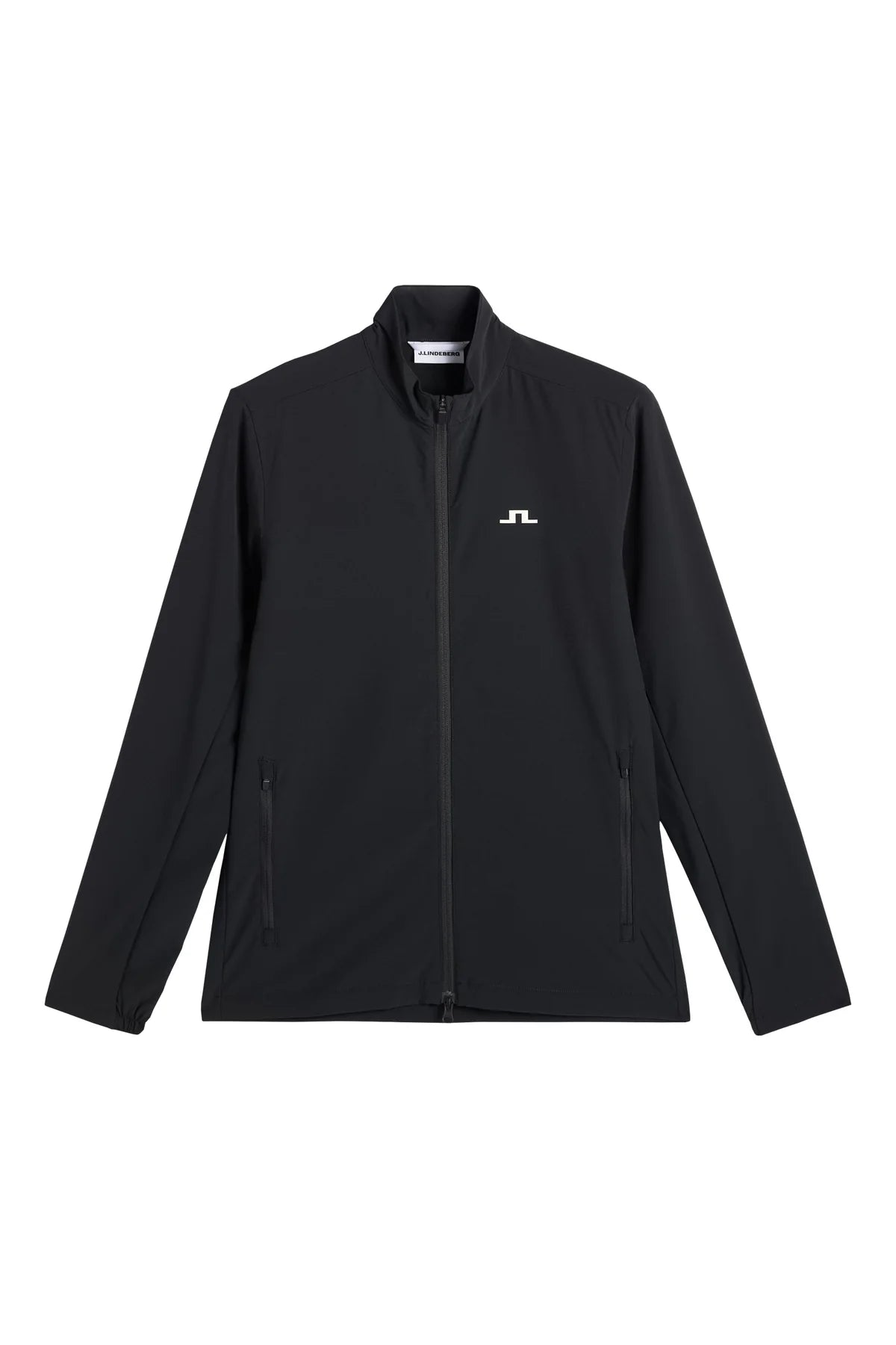 Black hybrid jacket with full-zip front and stand collar, JL logo on chest.