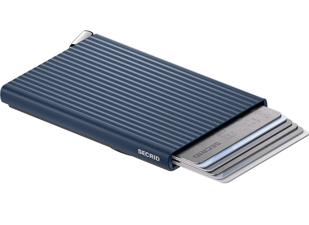 Navy fluted card protector with SECRID logo and slim card stack view