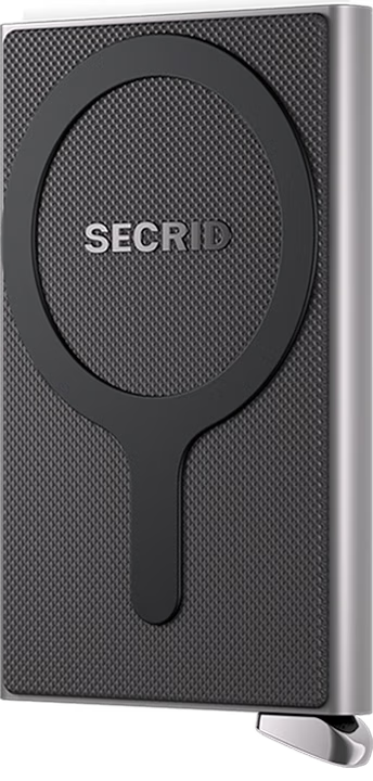 Silver card protector with black textured front and SECRID logo window