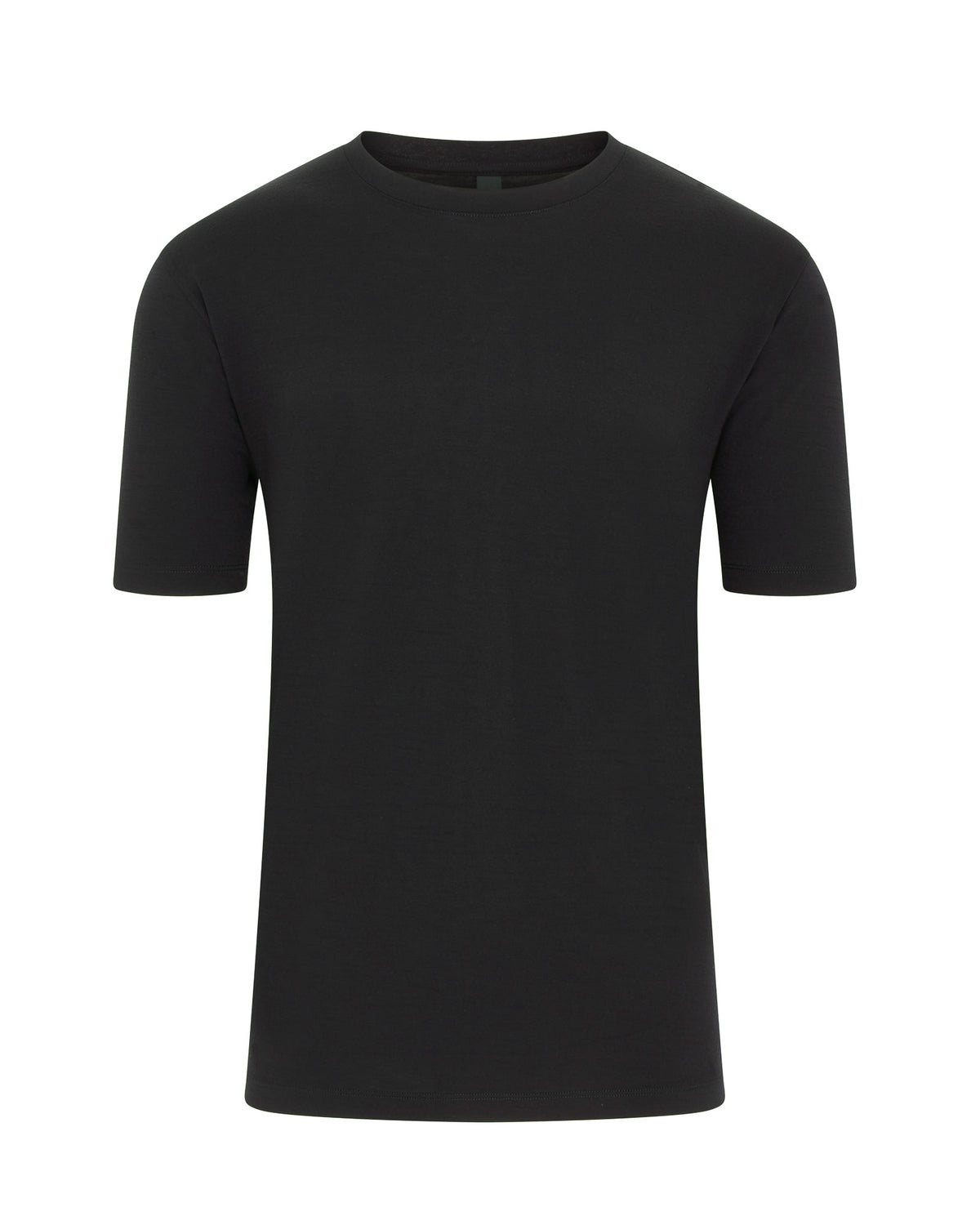 Black virgin wool t-shirt with crew neck, short sleeves, and straight hem