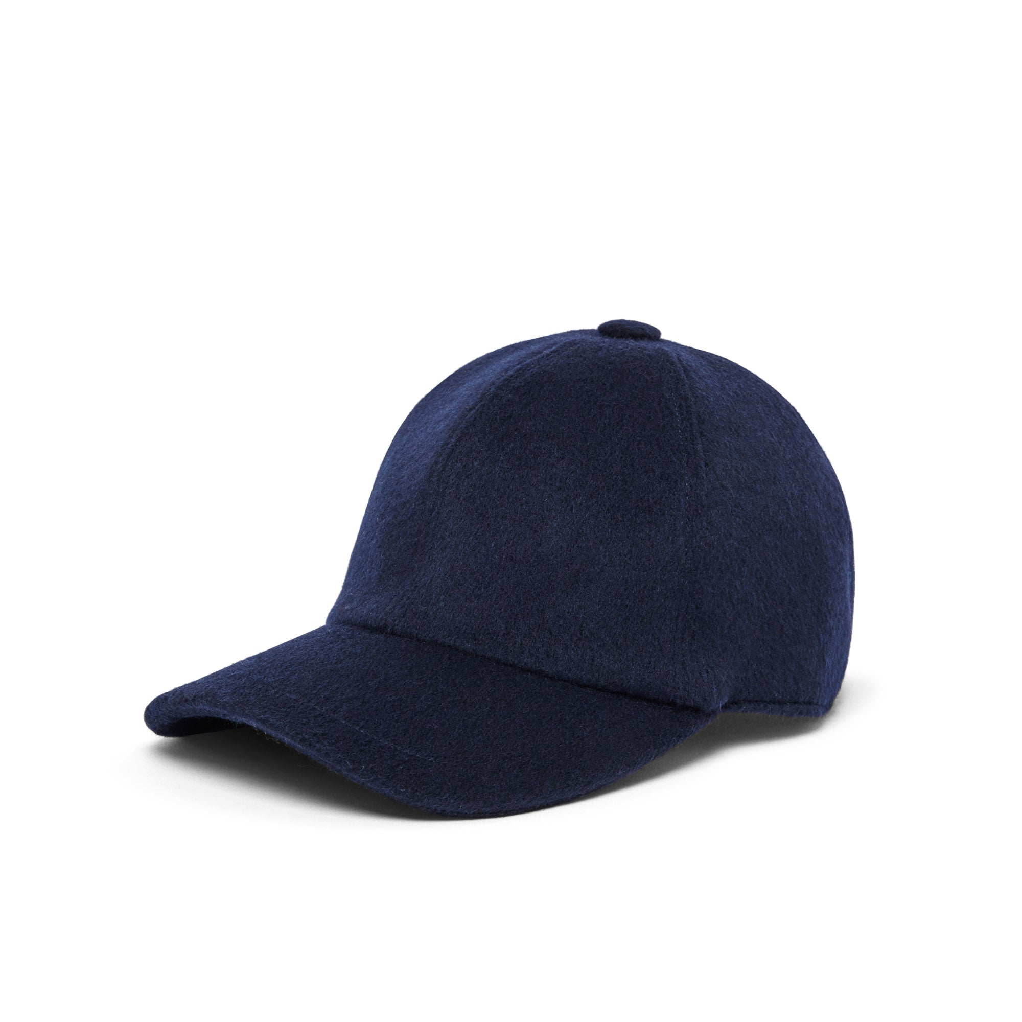 Elasticated cashmere-wool cap, midnight navy, curved brim, front profile