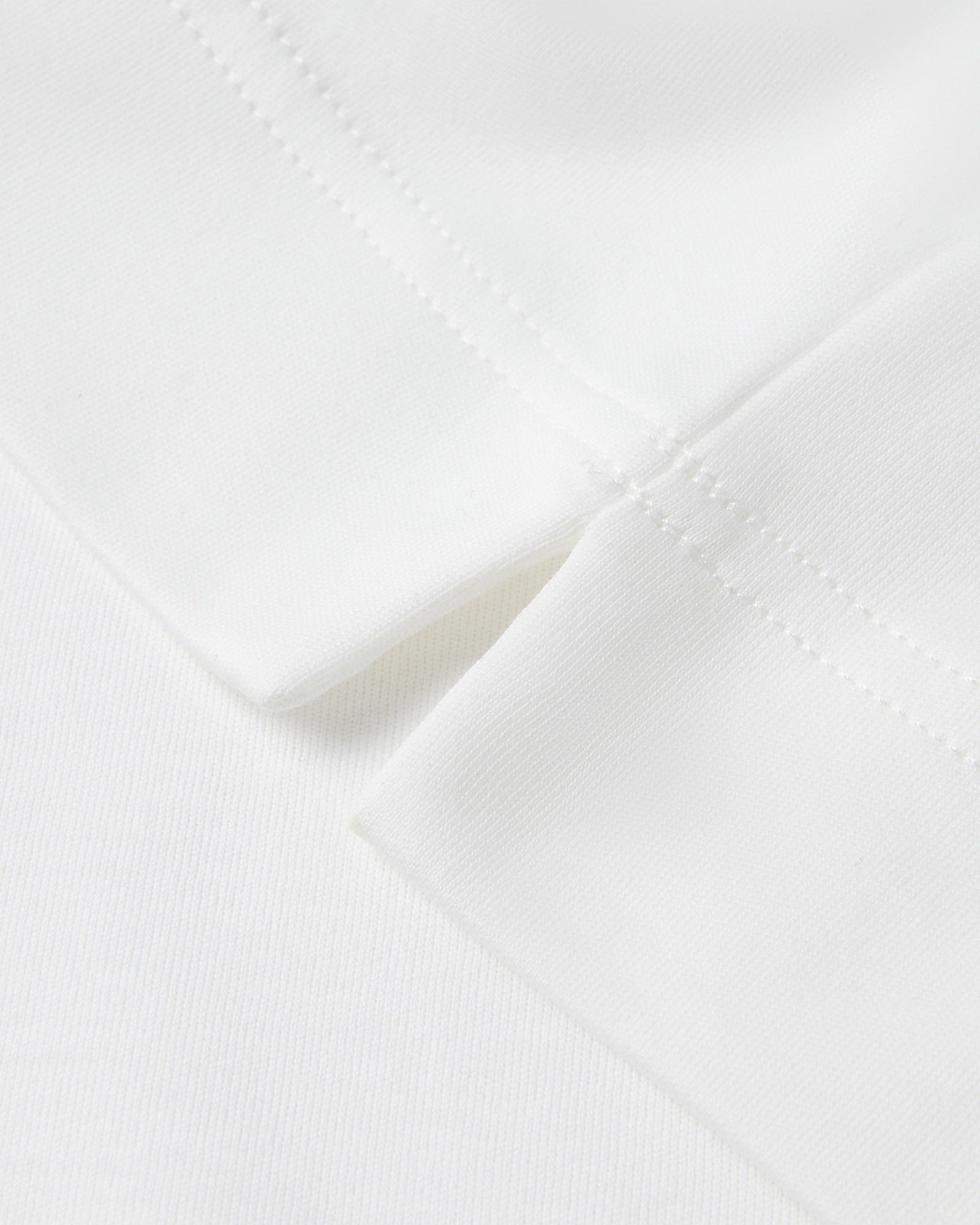 White Supima cotton T-shirt closeup of collar seam and stitched edge