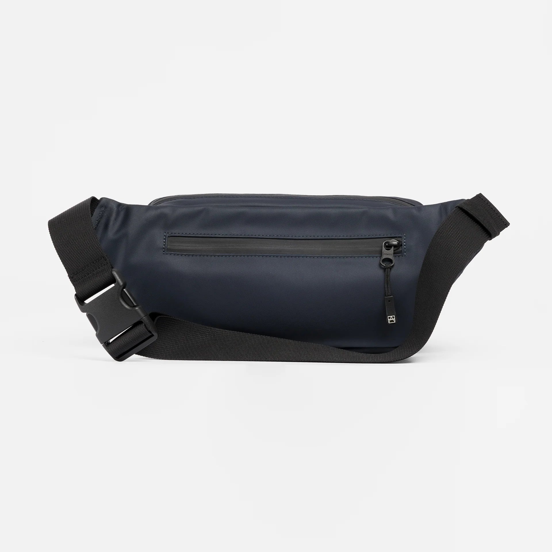 Midnight blue belt bag with front zip, adjustable webbing strap and D-ring