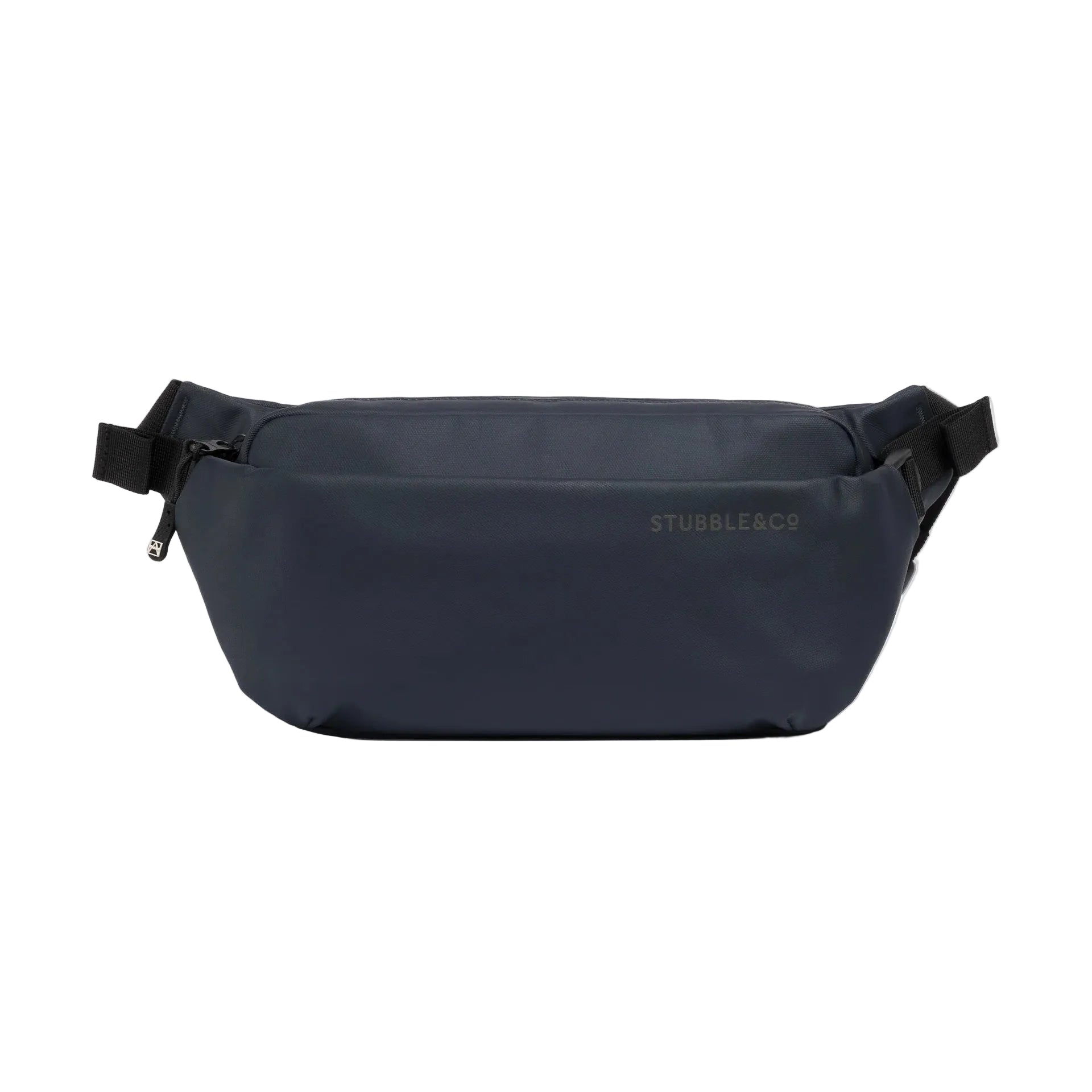 Midnight blue crossbody bag with padded zip opening and webbing strap ends
