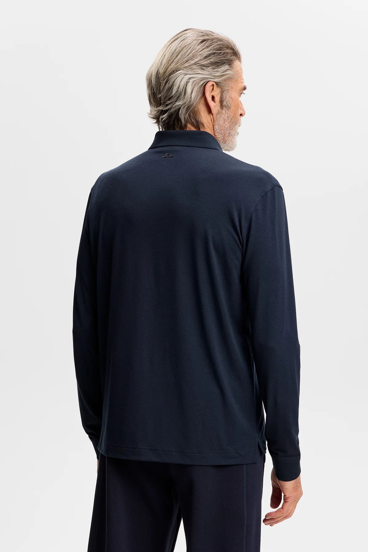 Navy long-sleeve polo shirt, plain back with collar