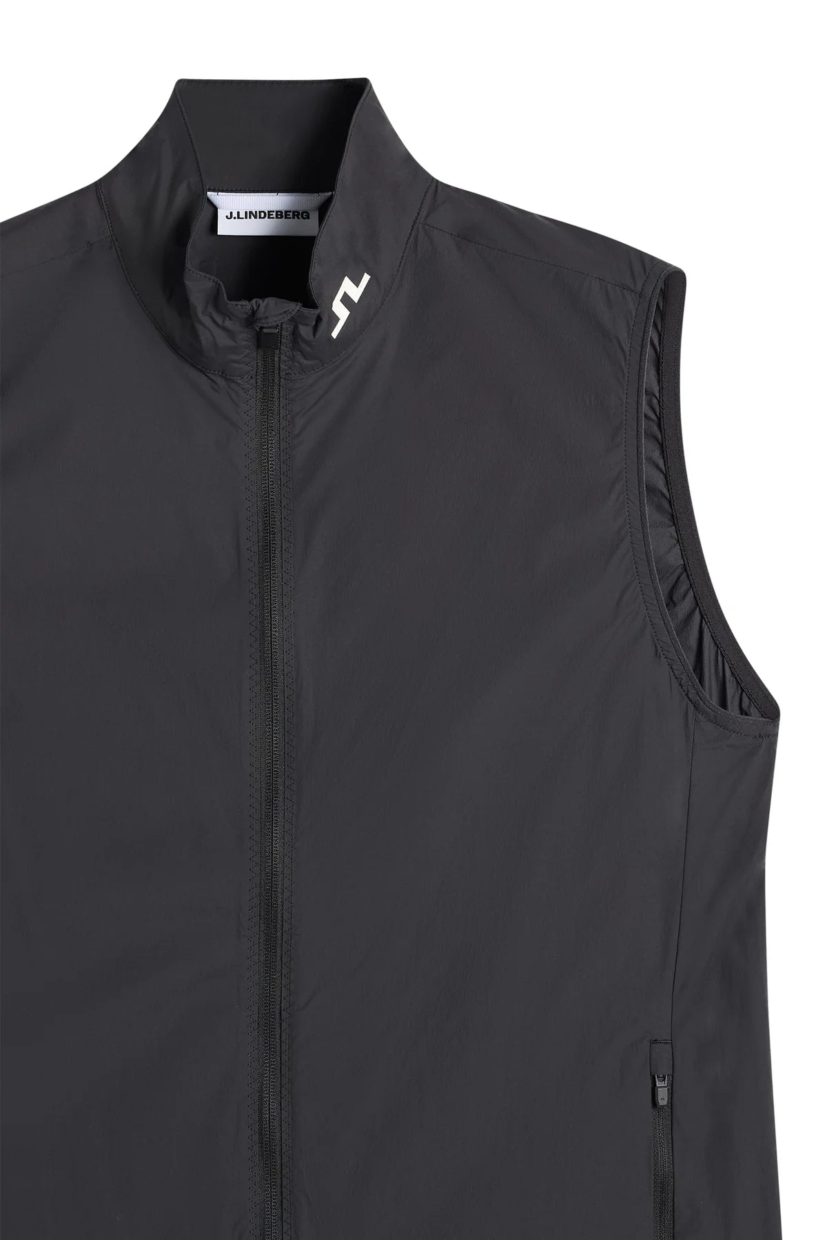 Black packable vest with stand collar, center front zipper, and small logo tab.