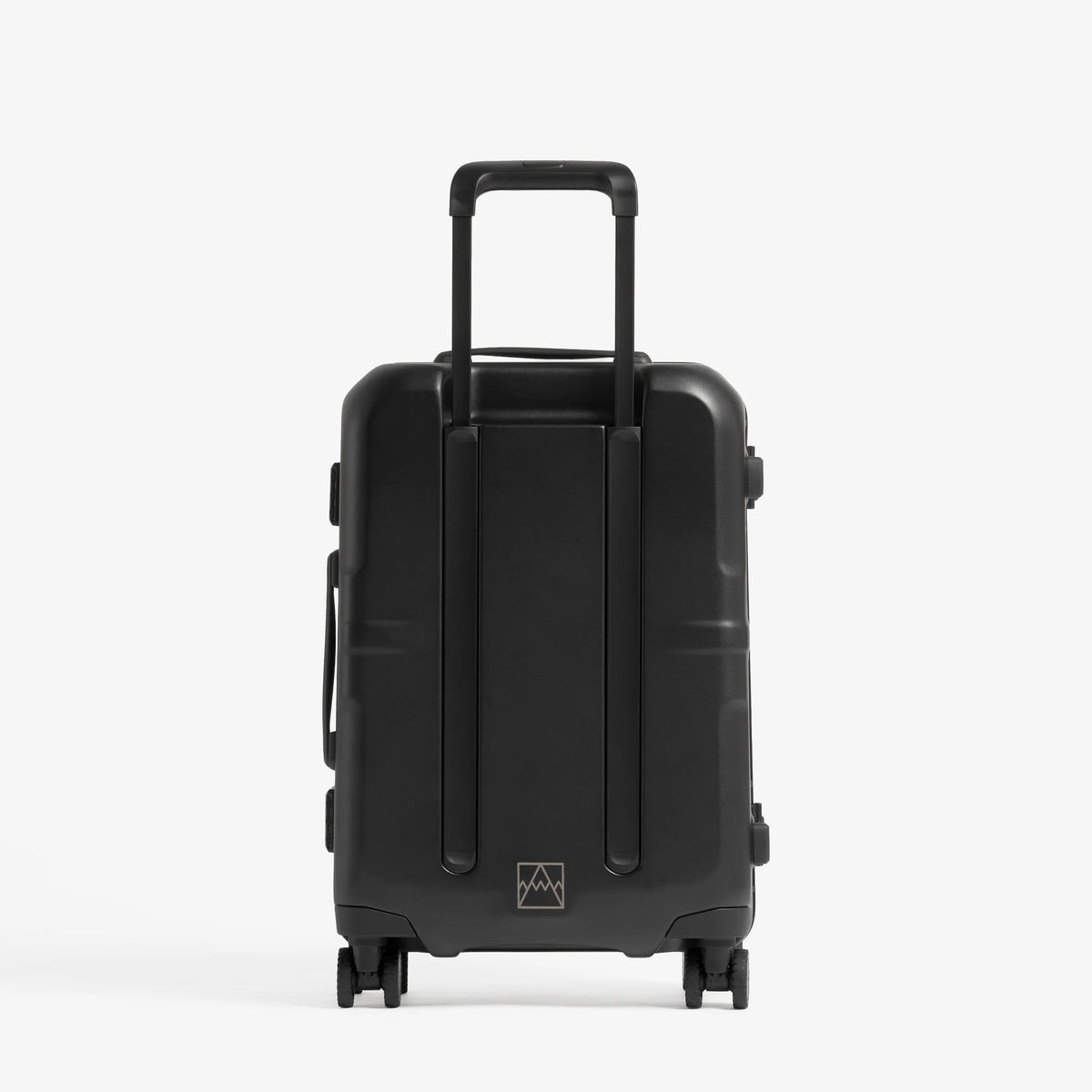 Black cabin suitcase with telescopic handle and four spinner wheels