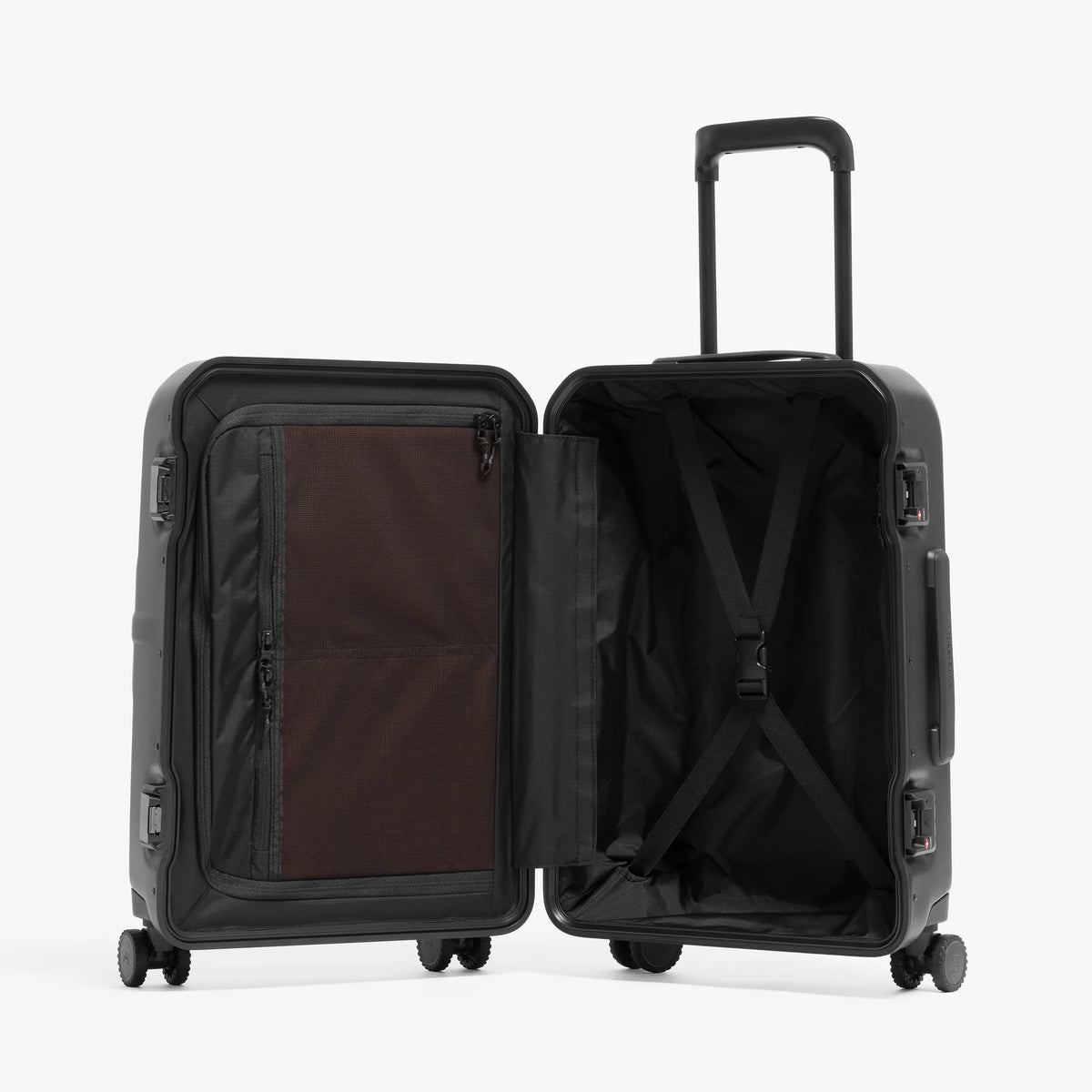 Black hardshell cabin suitcase open, showing organizer panel and packing straps