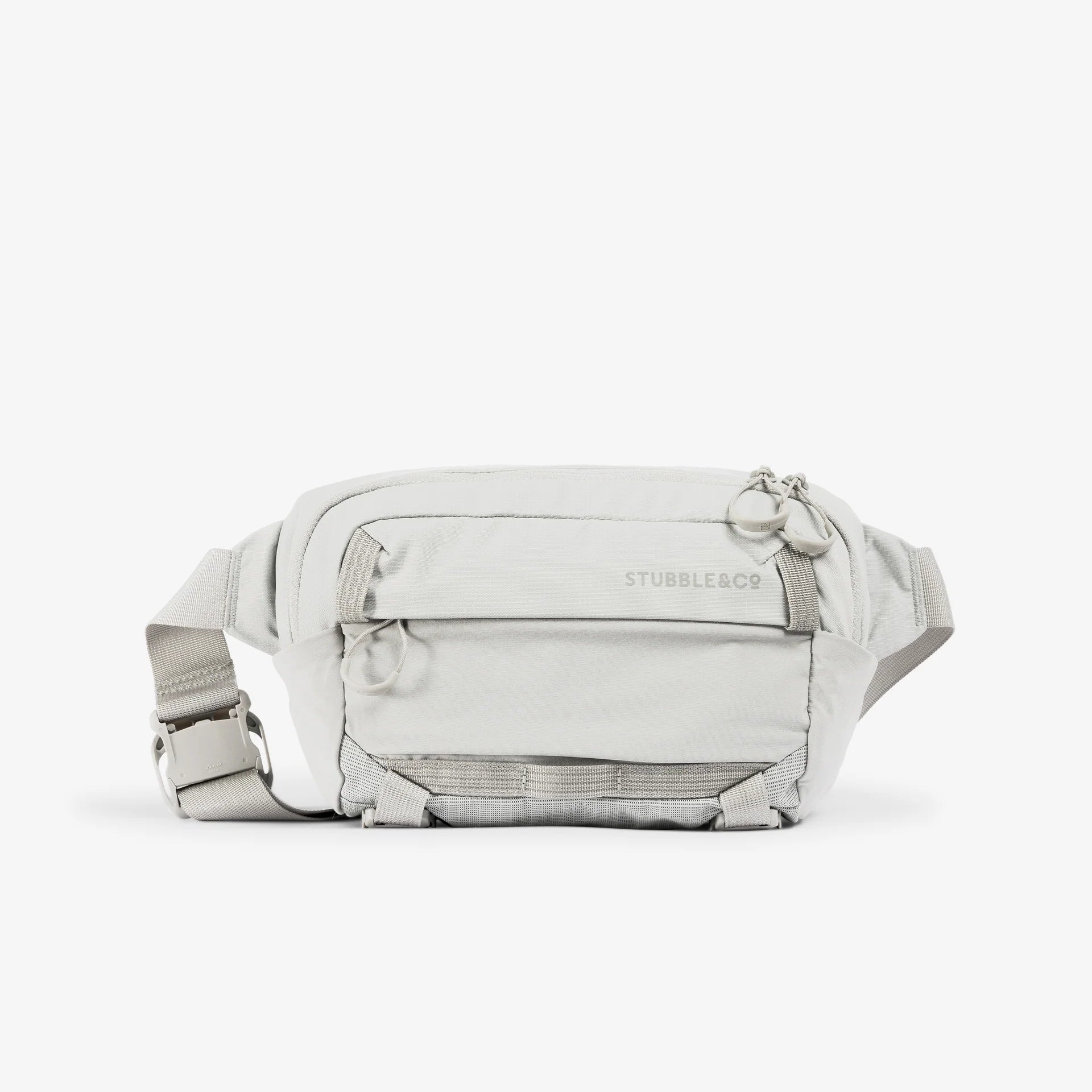 Ash gray sling bag with front zip compartment and drawcord pull