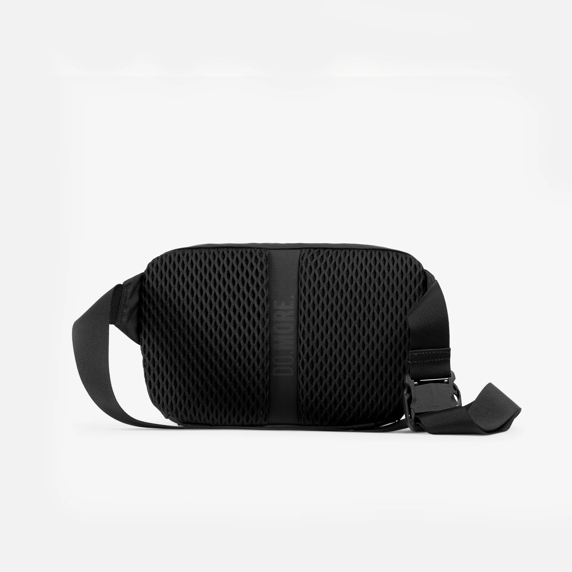 Charcoal sling bag with textured side panels and front webbing strap