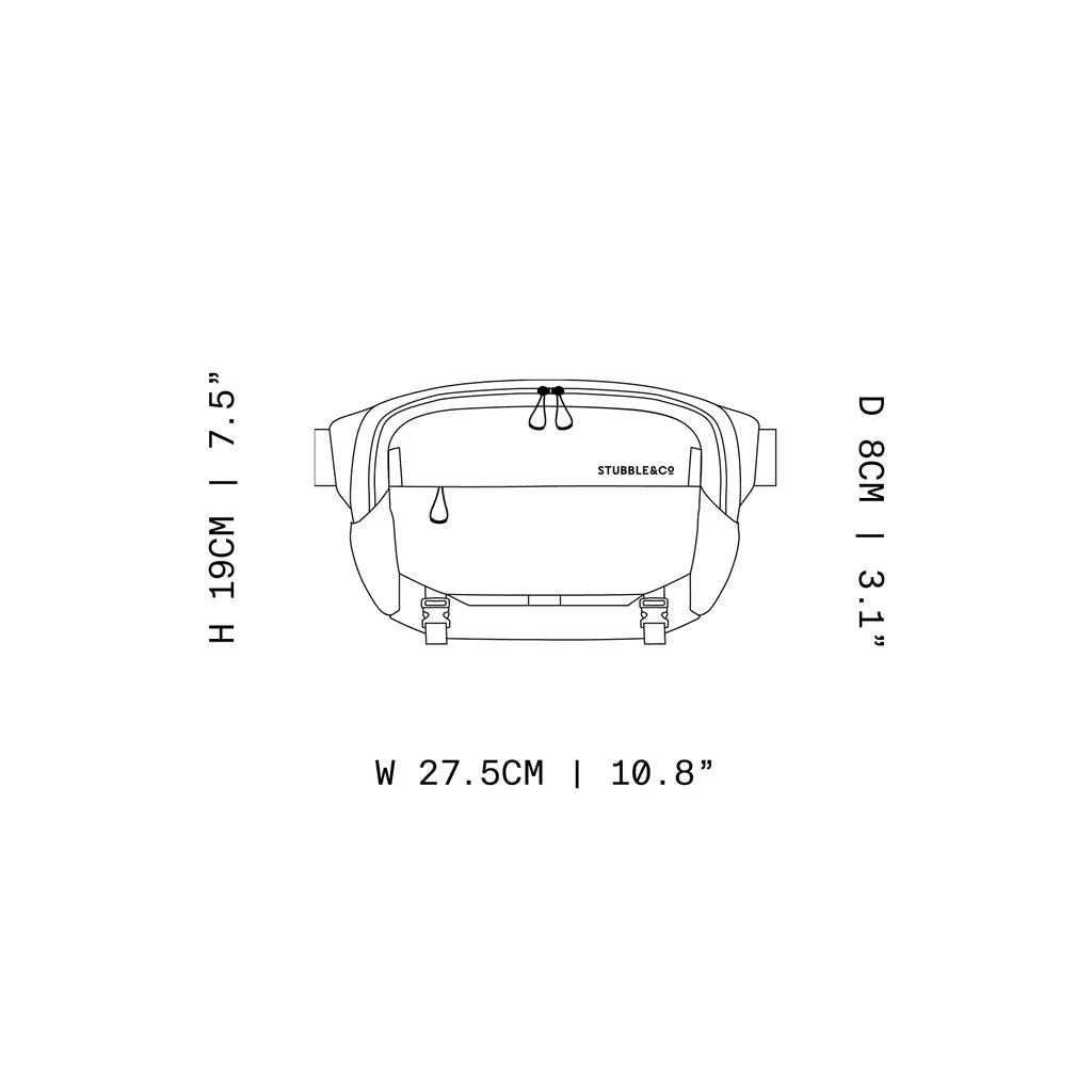 Sling bag size diagram: 27.5cm wide, 19cm high, 3.1cm deep