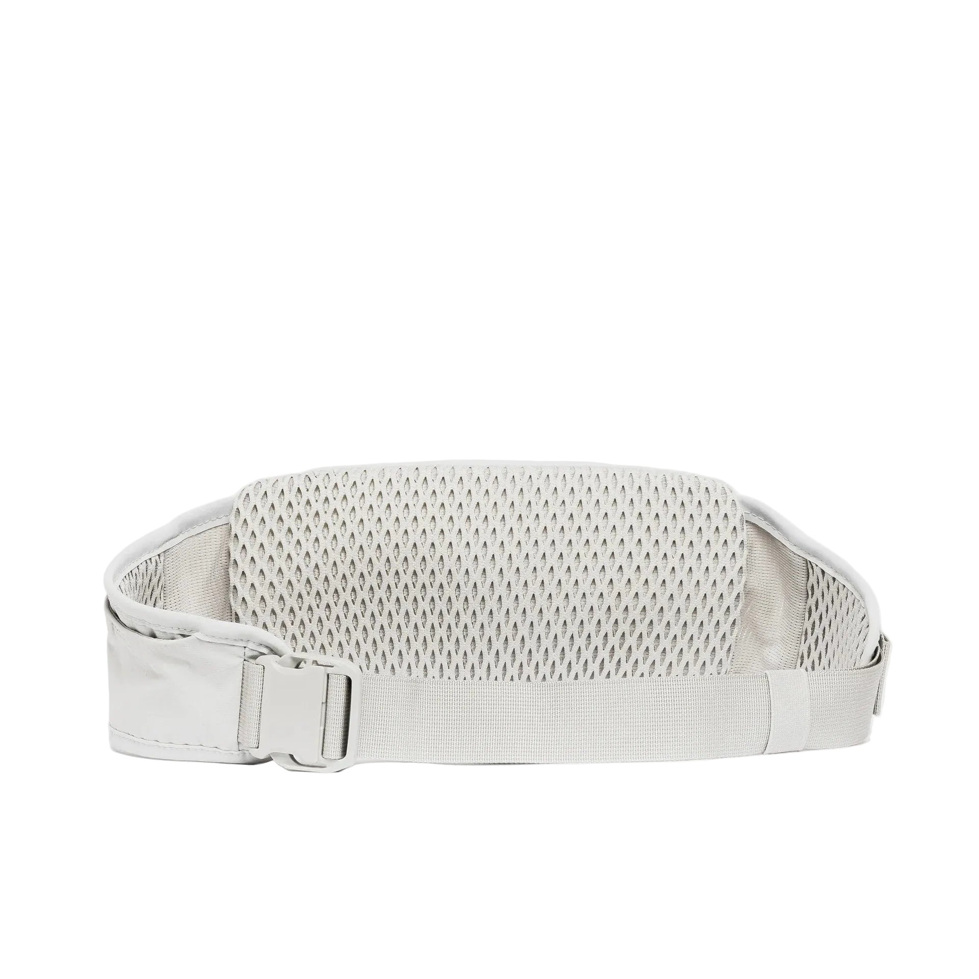 Light gray waist waste pack with mesh back panel and front buckle strap