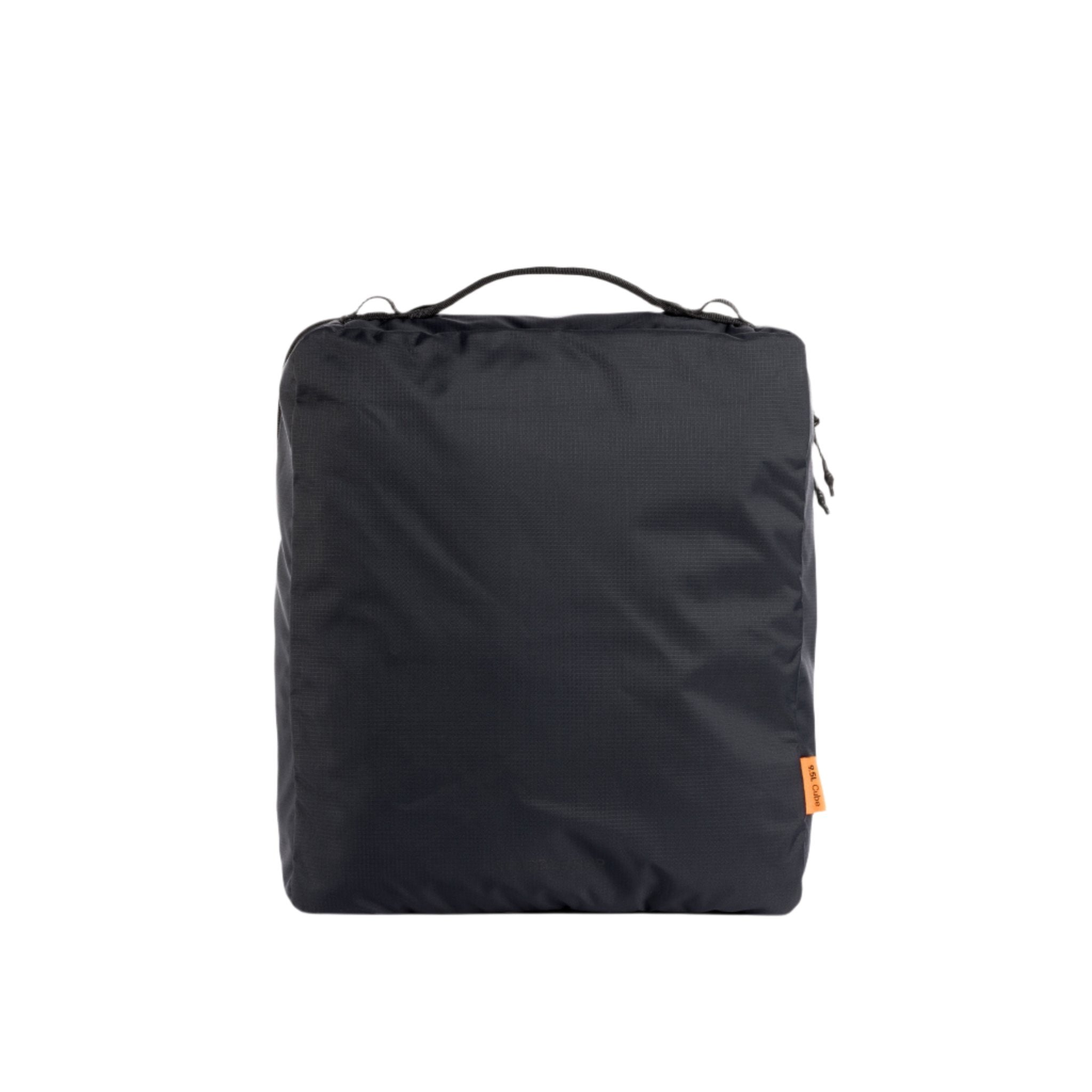 Large black packing cube with carry handle, smooth front fabric
