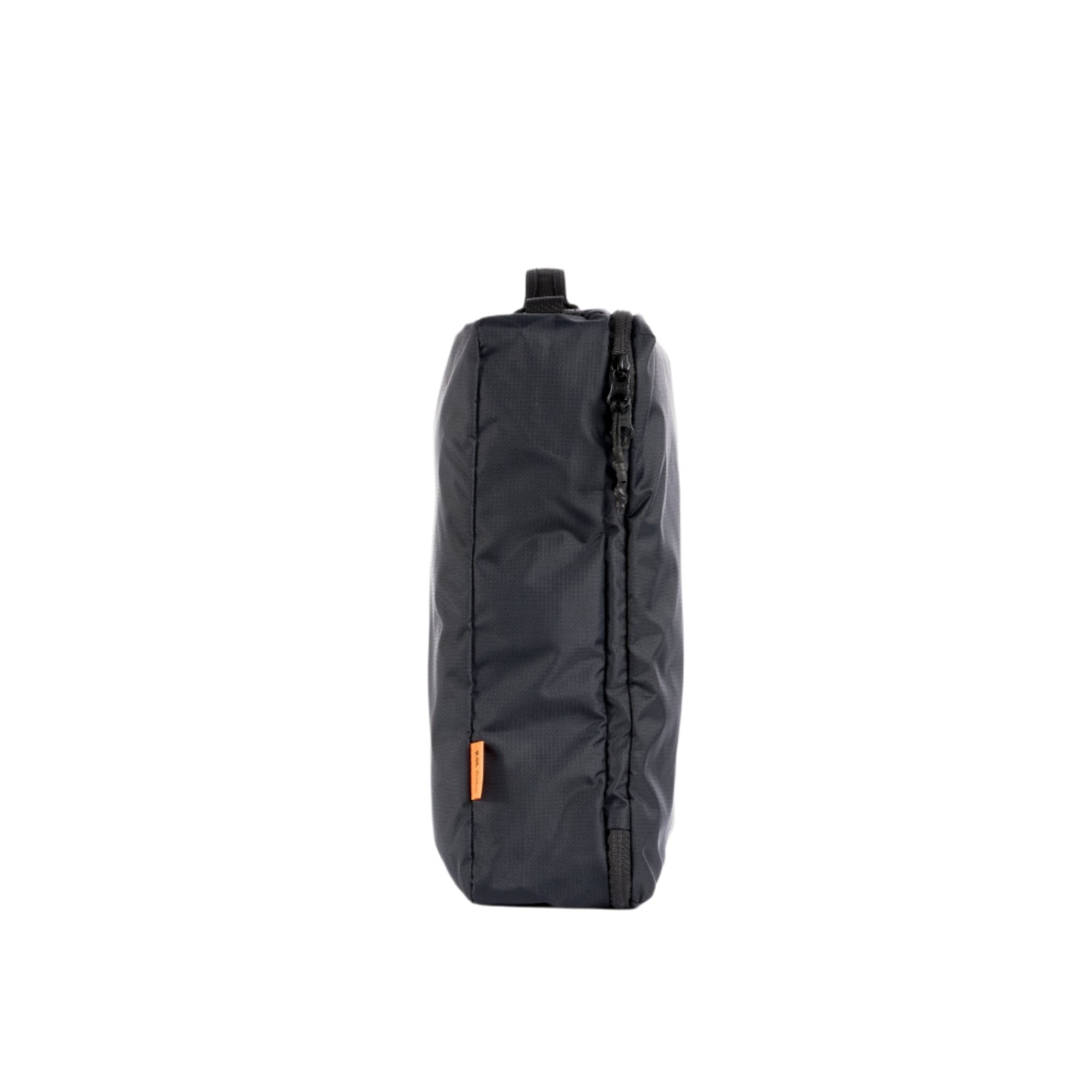 Large black packing cube side view with vertical zipper and pull tab