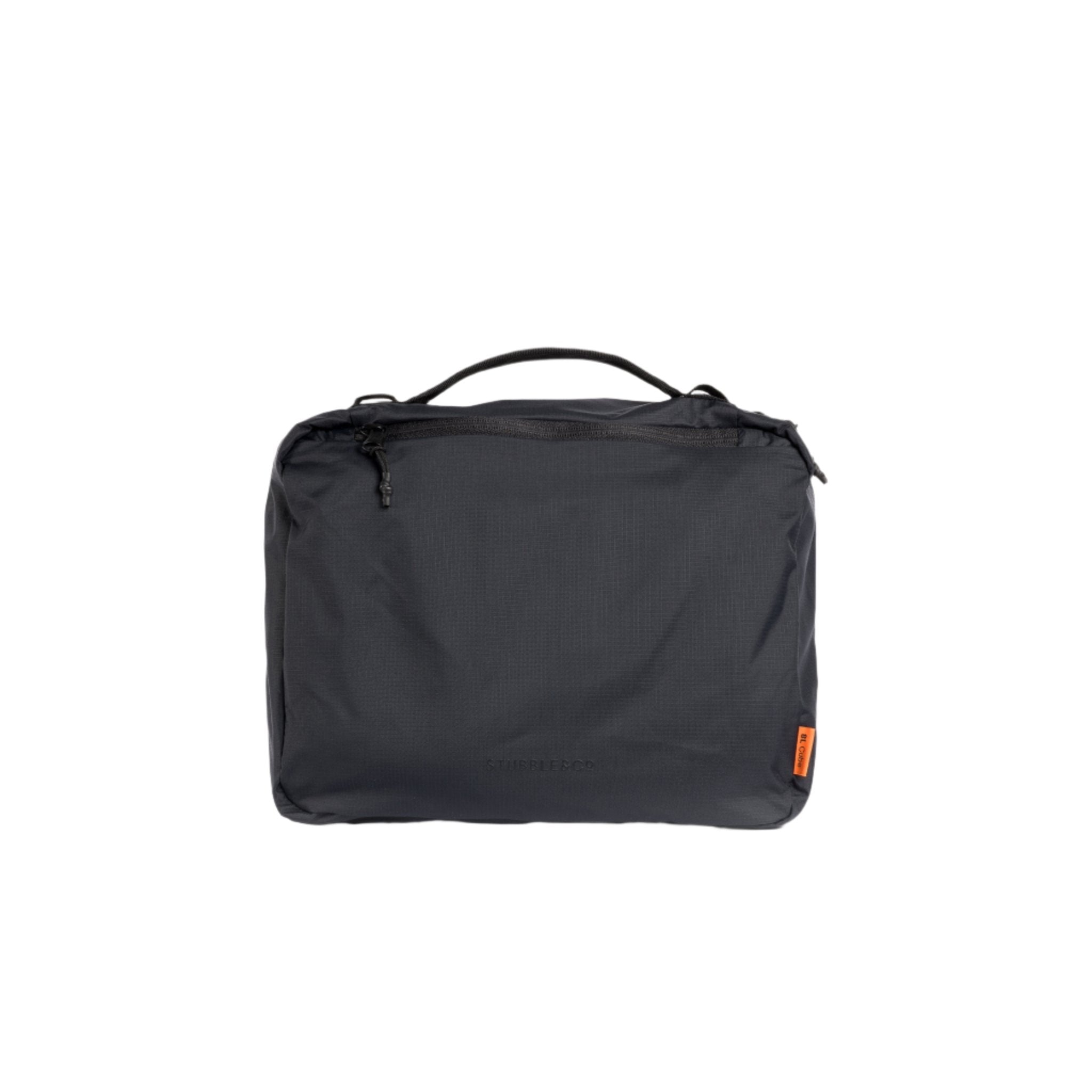 Black packing cube with zipper closure and top carry handle, front view