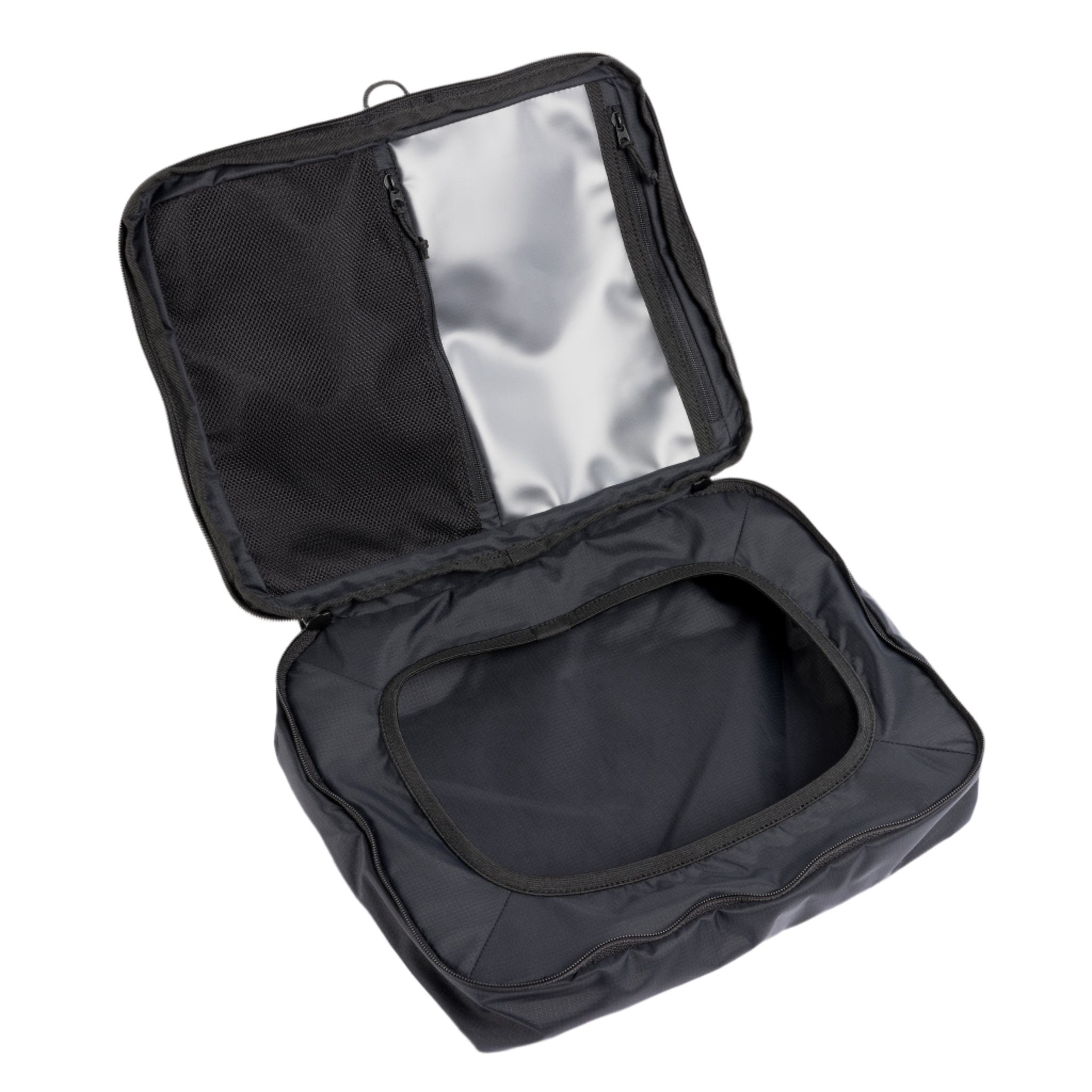 Black packing cube open, with mesh side pocket and internal garment compartment