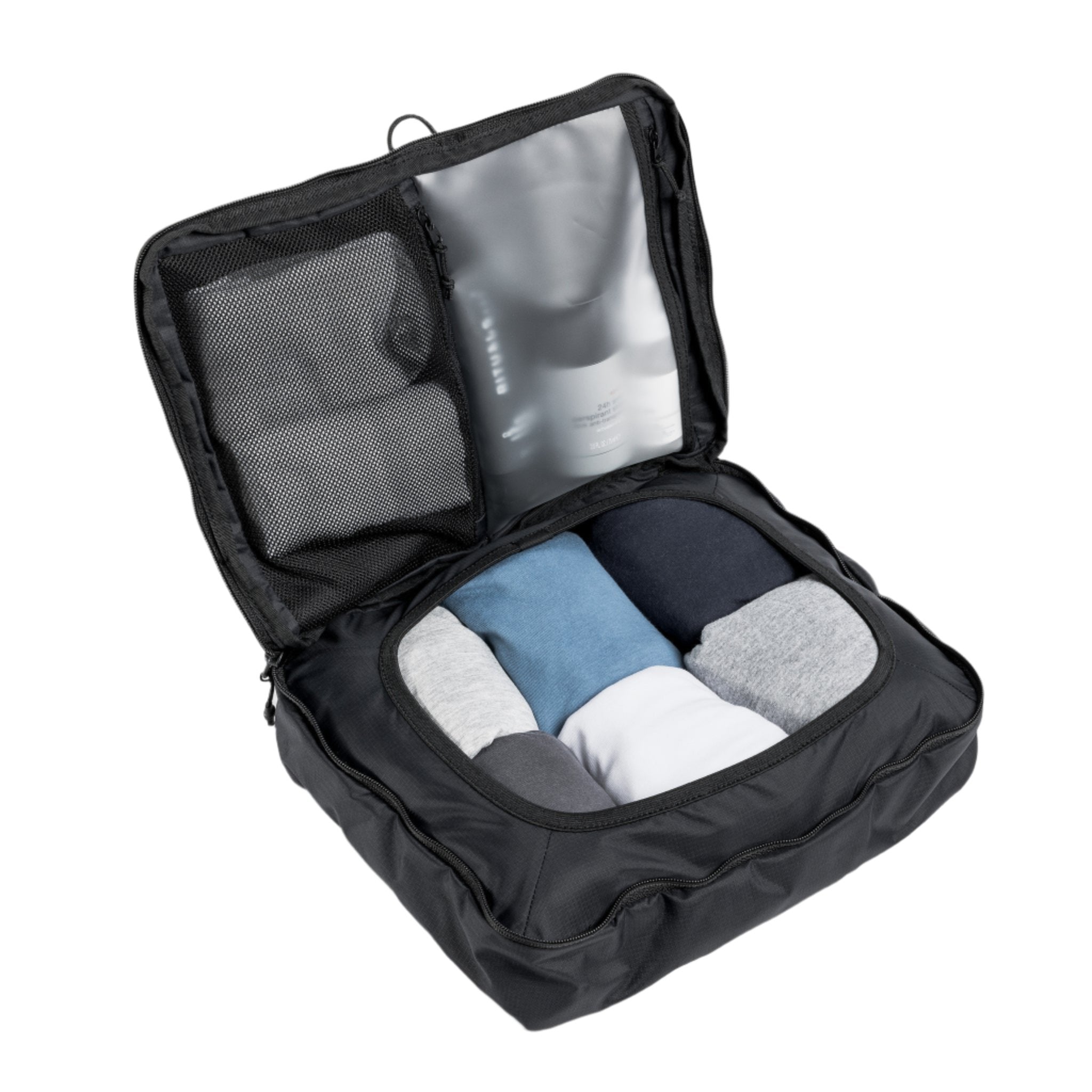 Black packing cube open, showing mesh pocket and elastic garment loops inside