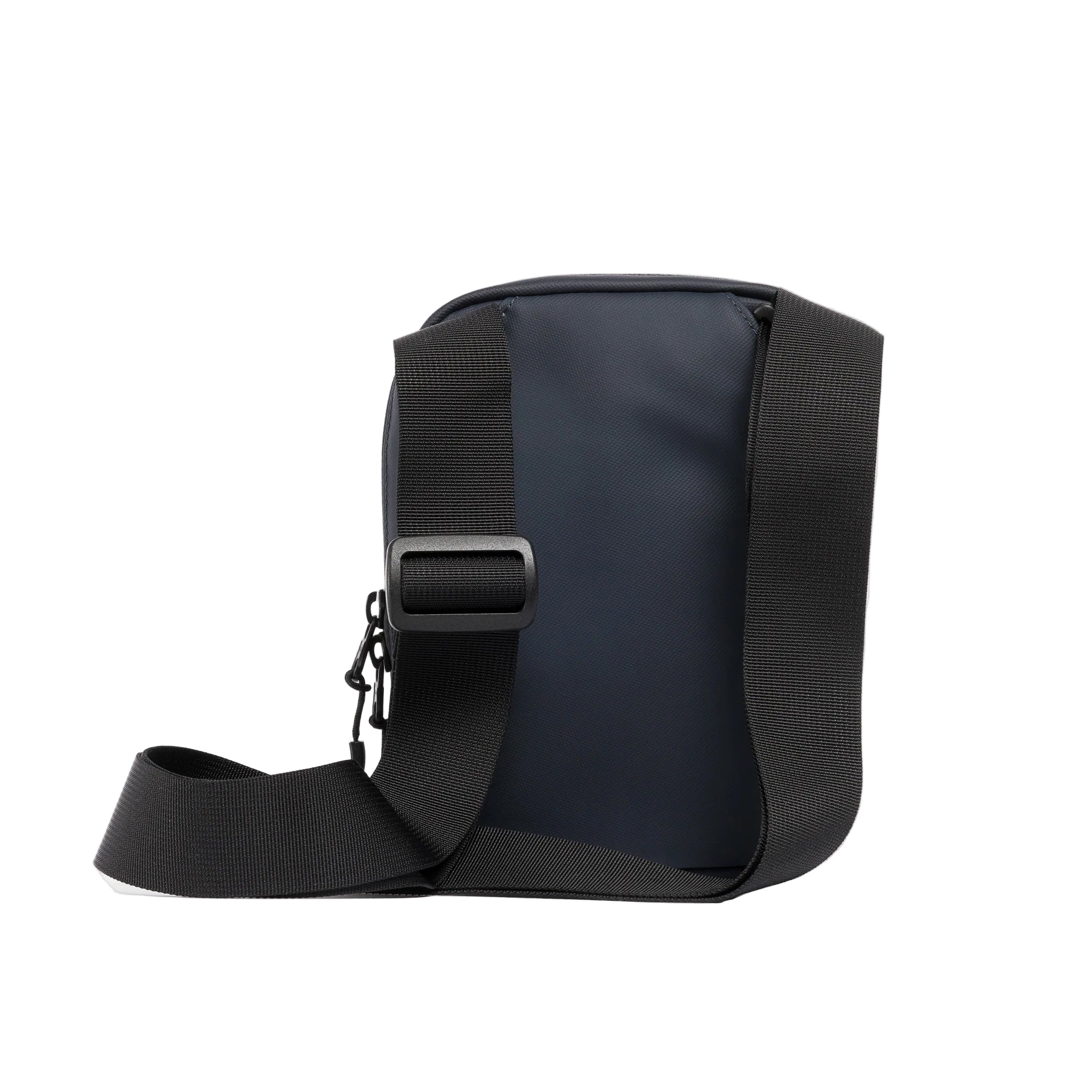 Black shoulder bag with a strap on a white background